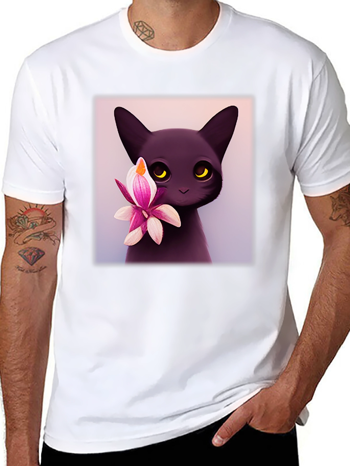 Cute Black Cat & Flower Graphic T-Shirt