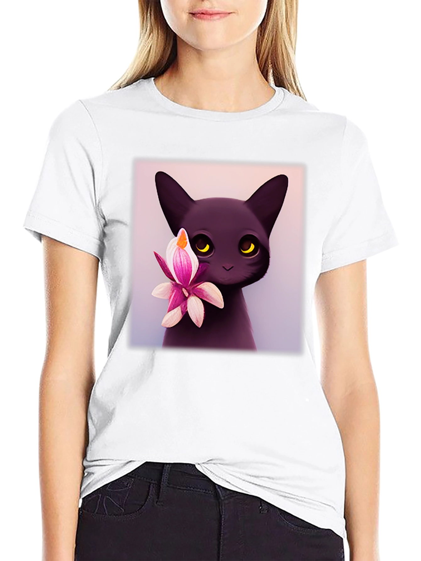 Cute Black Cat & Flower Graphic T-Shirt