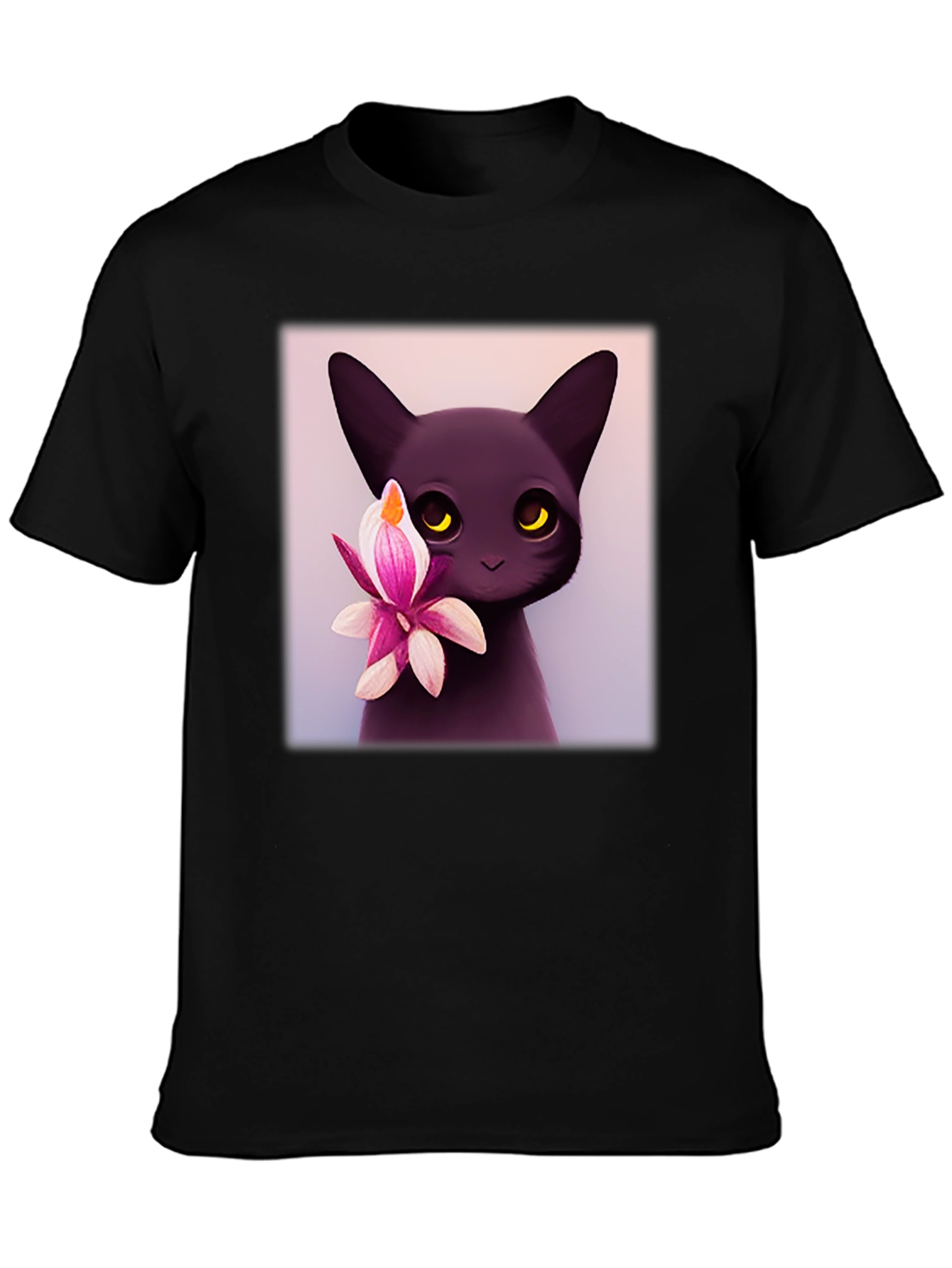 Cute Black Cat & Flower Graphic T-Shirt