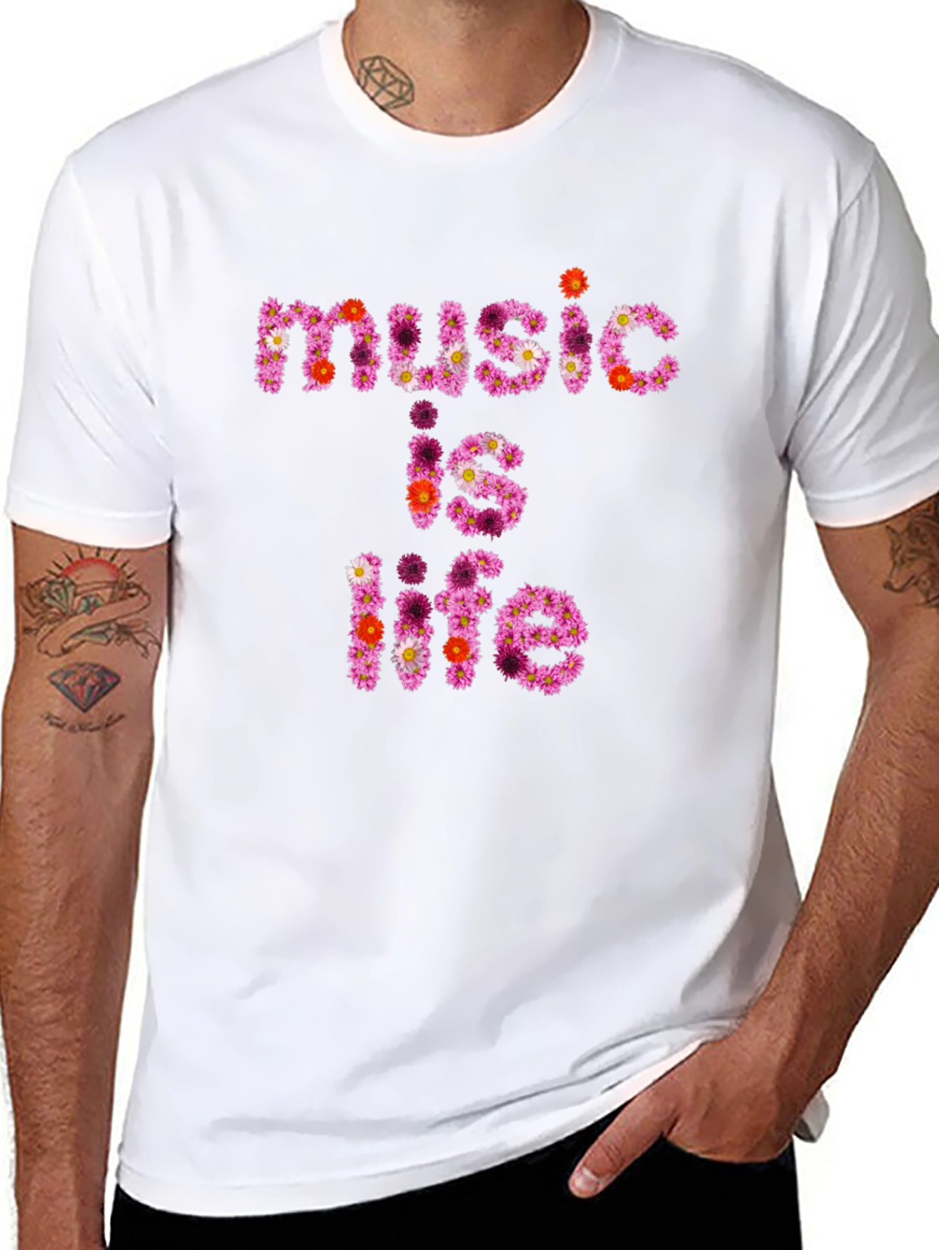 Floral Music is Life Graphic Black T-Shirt