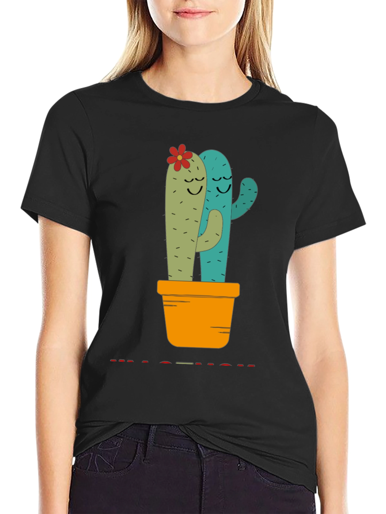 Cute Cactus Hug Black T-Shirt