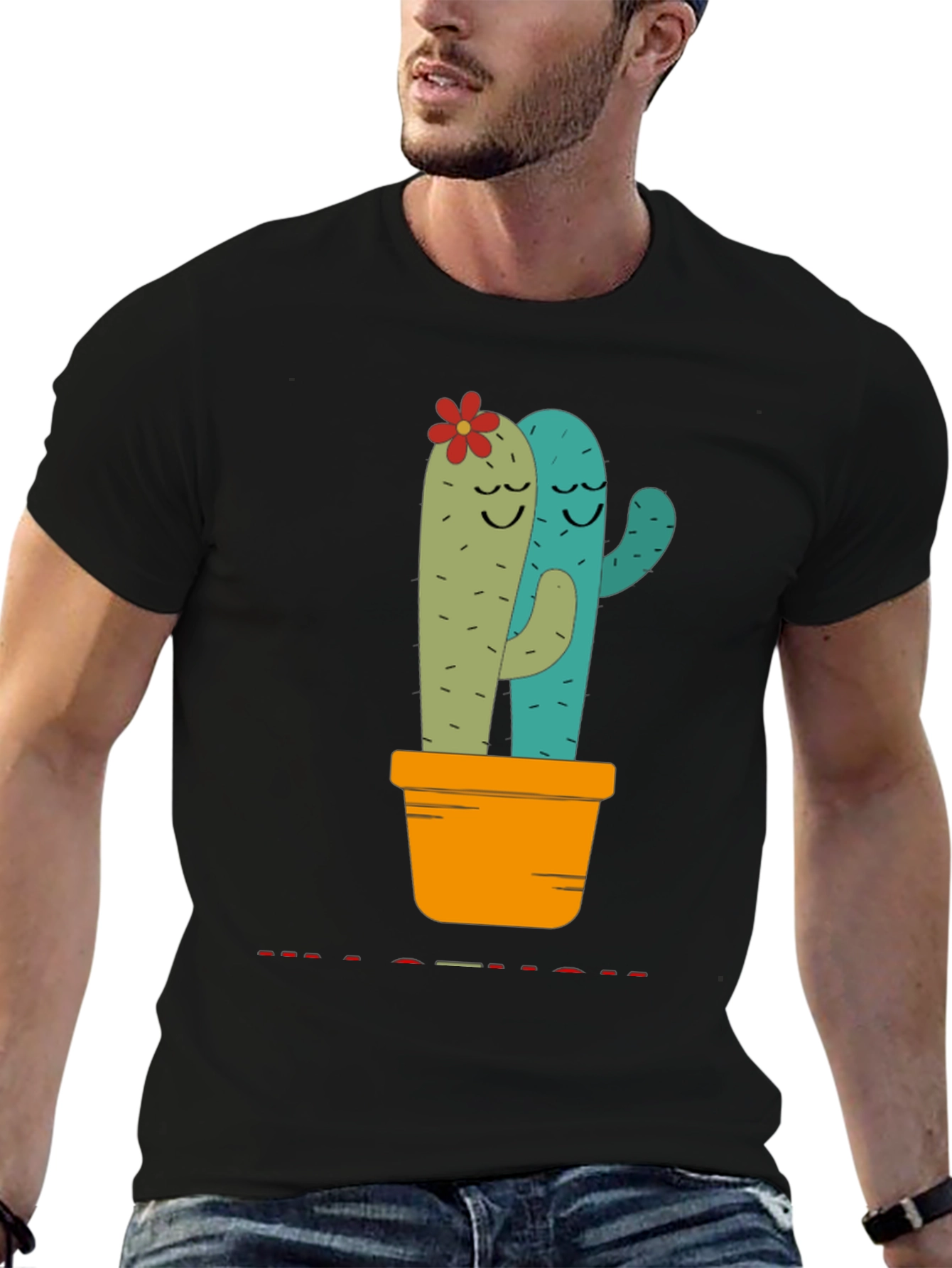 Cute Cactus Hug Black T-Shirt