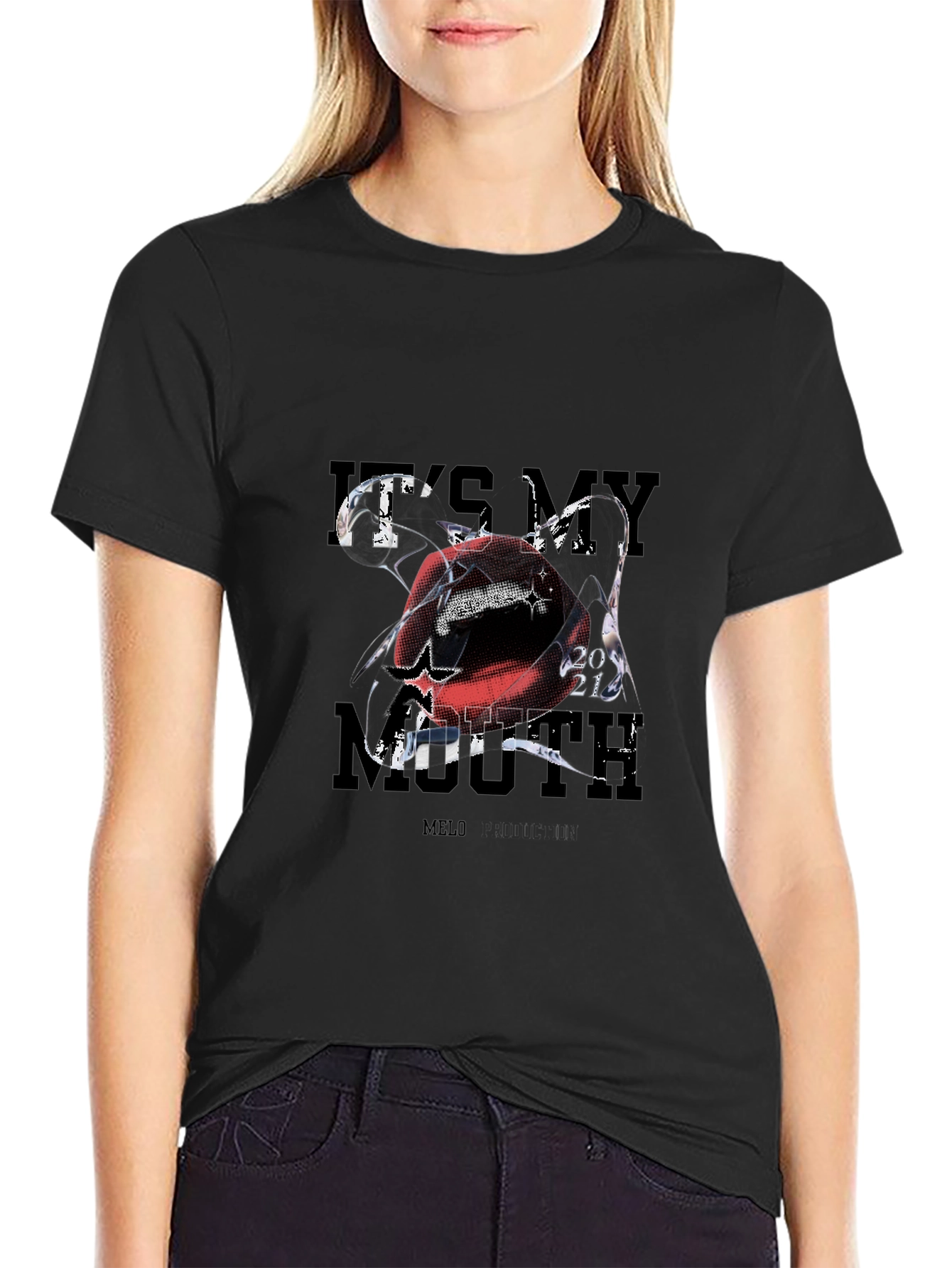 Its My Mouth Melo Graphic Black T-Shirt