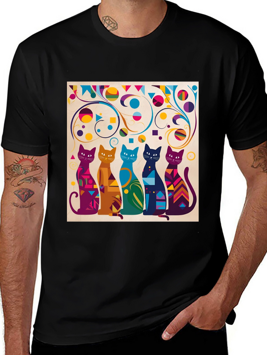 Colorful Cats Graphic Tee - Trendy Crew Neck T-Shirt