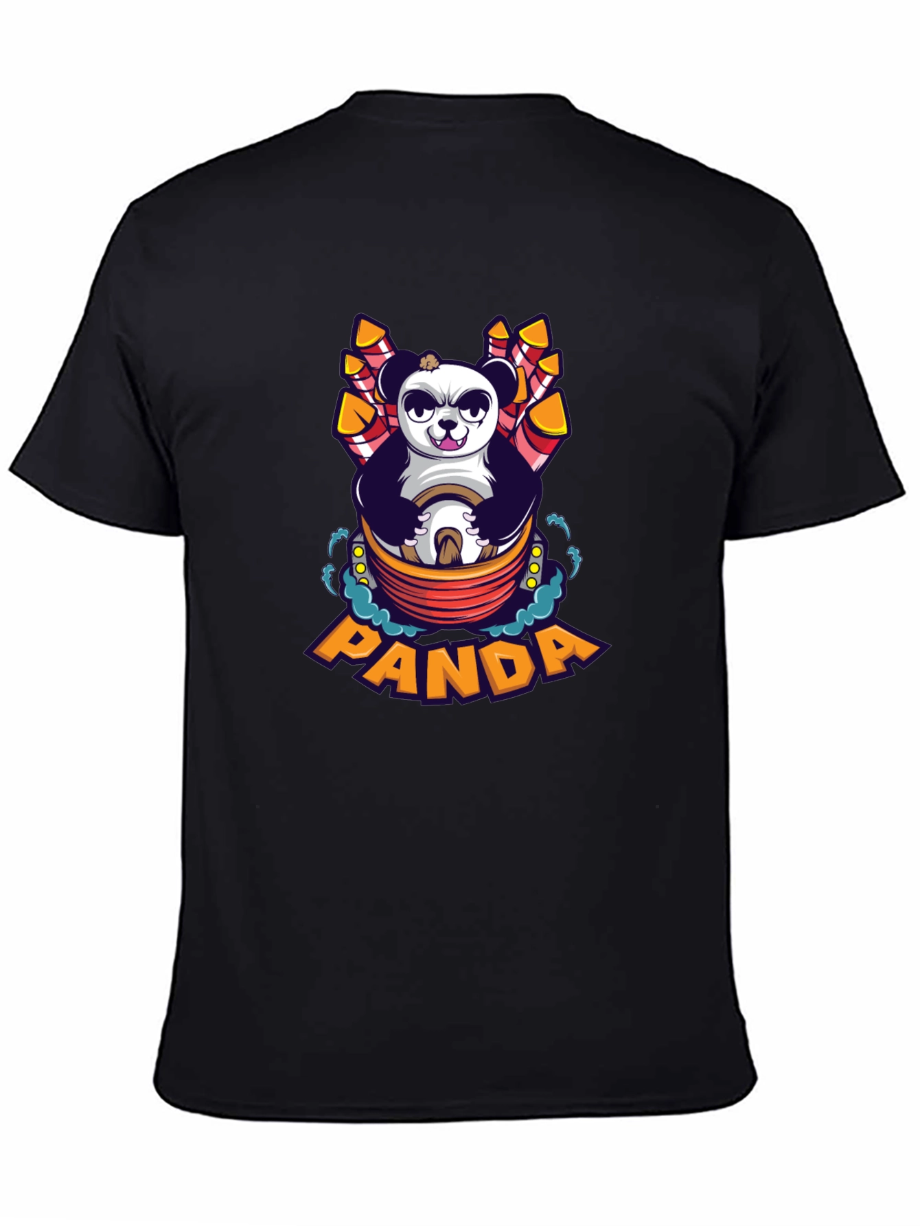 Cartoon Panda Fireworks Black T-Shirt