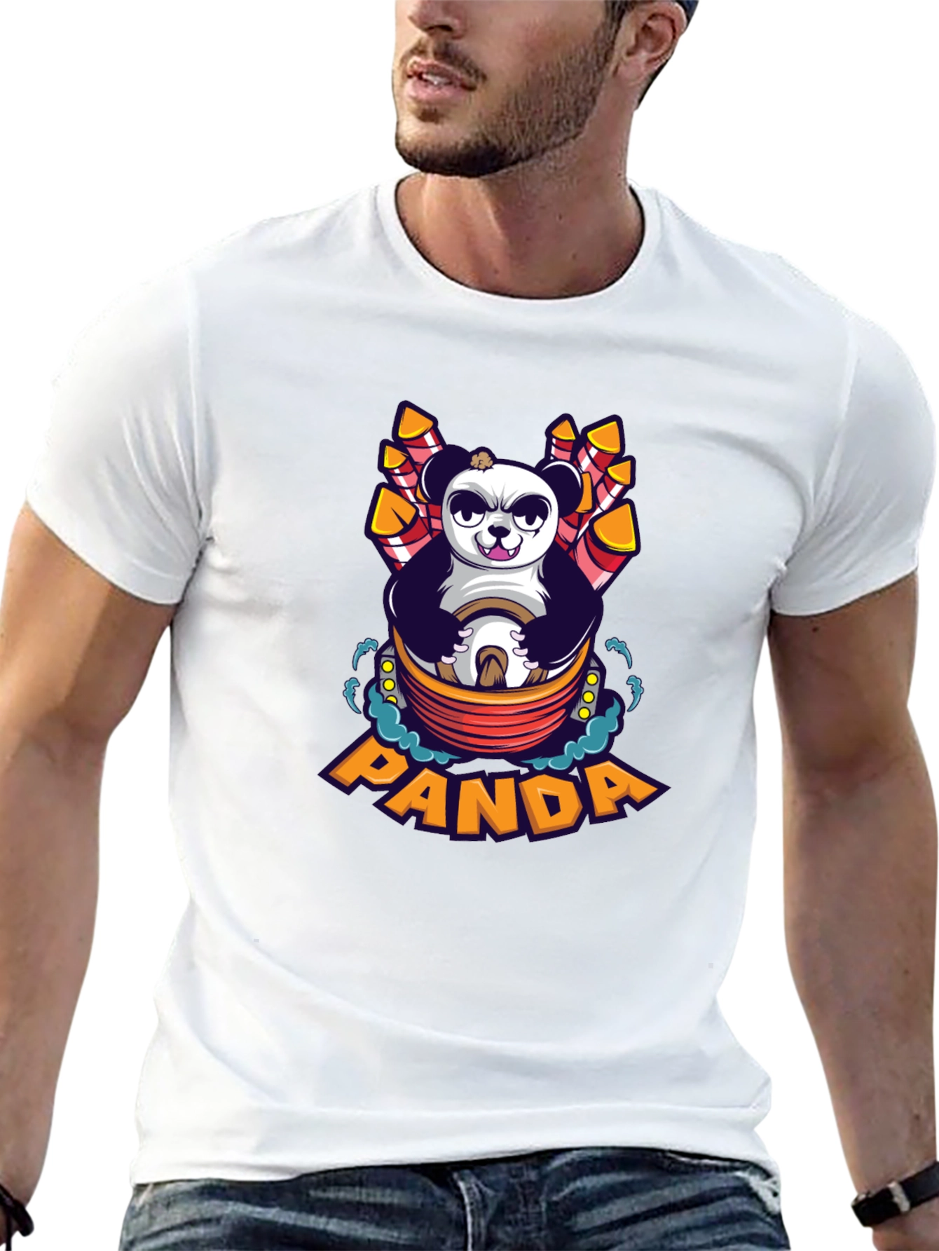 Cartoon Panda Fireworks Black T-Shirt