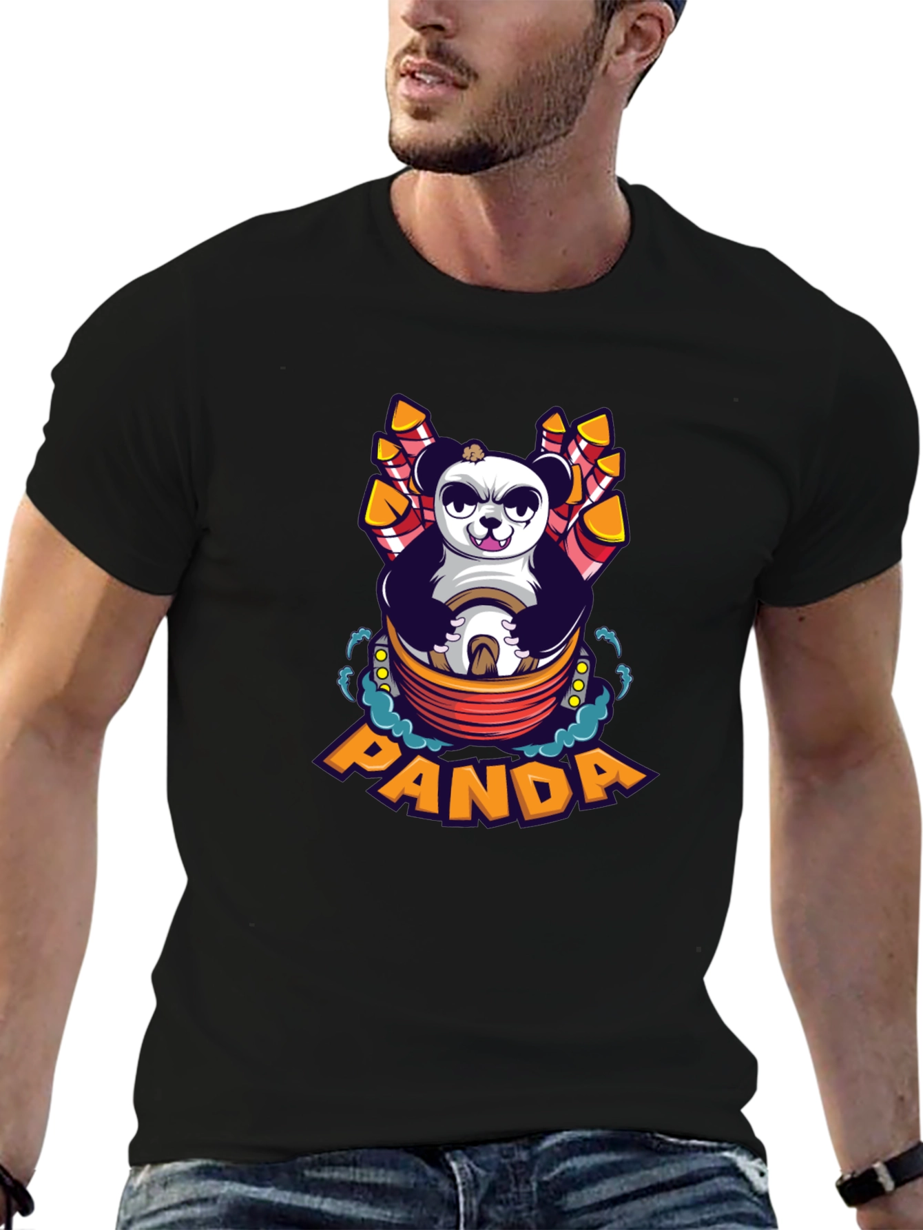 Cartoon Panda Fireworks Black T-Shirt