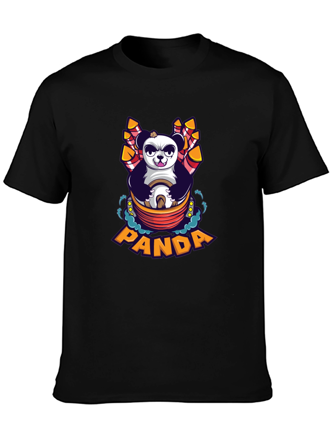 Cartoon Panda Fireworks Black T-Shirt