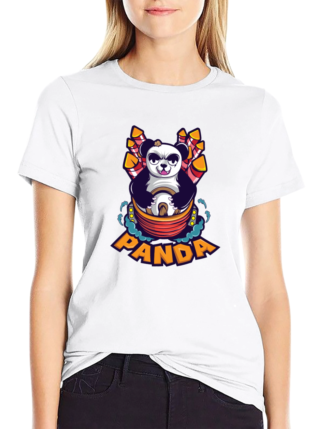 Cartoon Panda Fireworks Black T-Shirt
