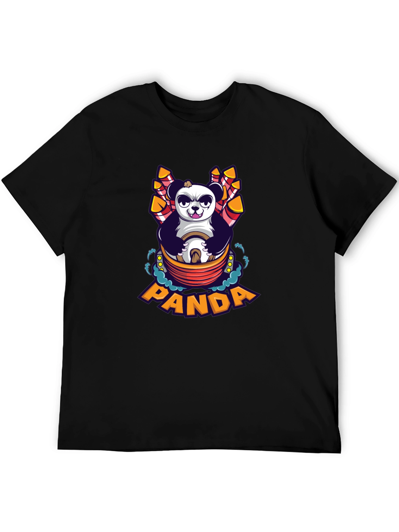 Cartoon Panda Fireworks Black T-Shirt