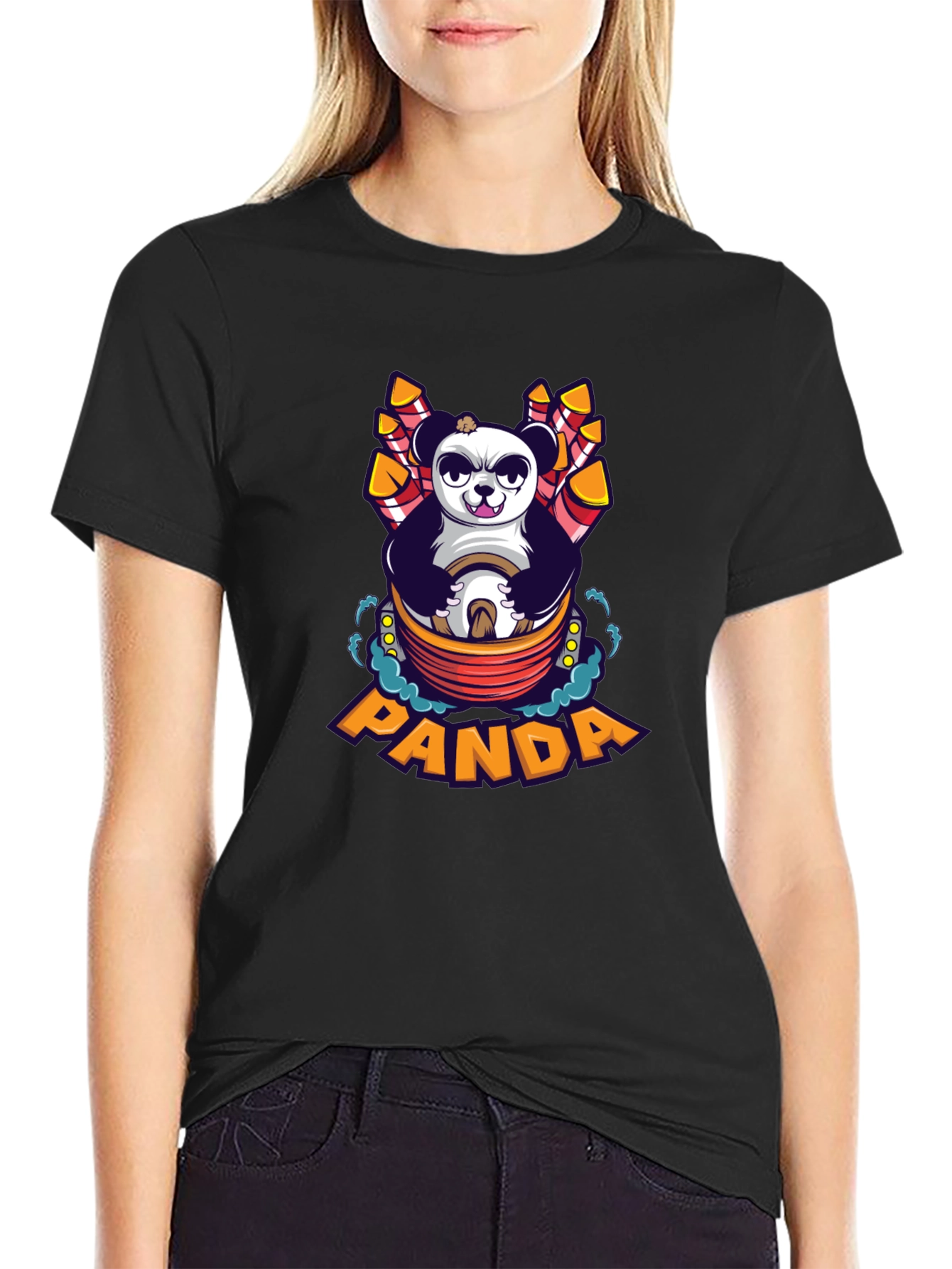 Cartoon Panda Fireworks Black T-Shirt