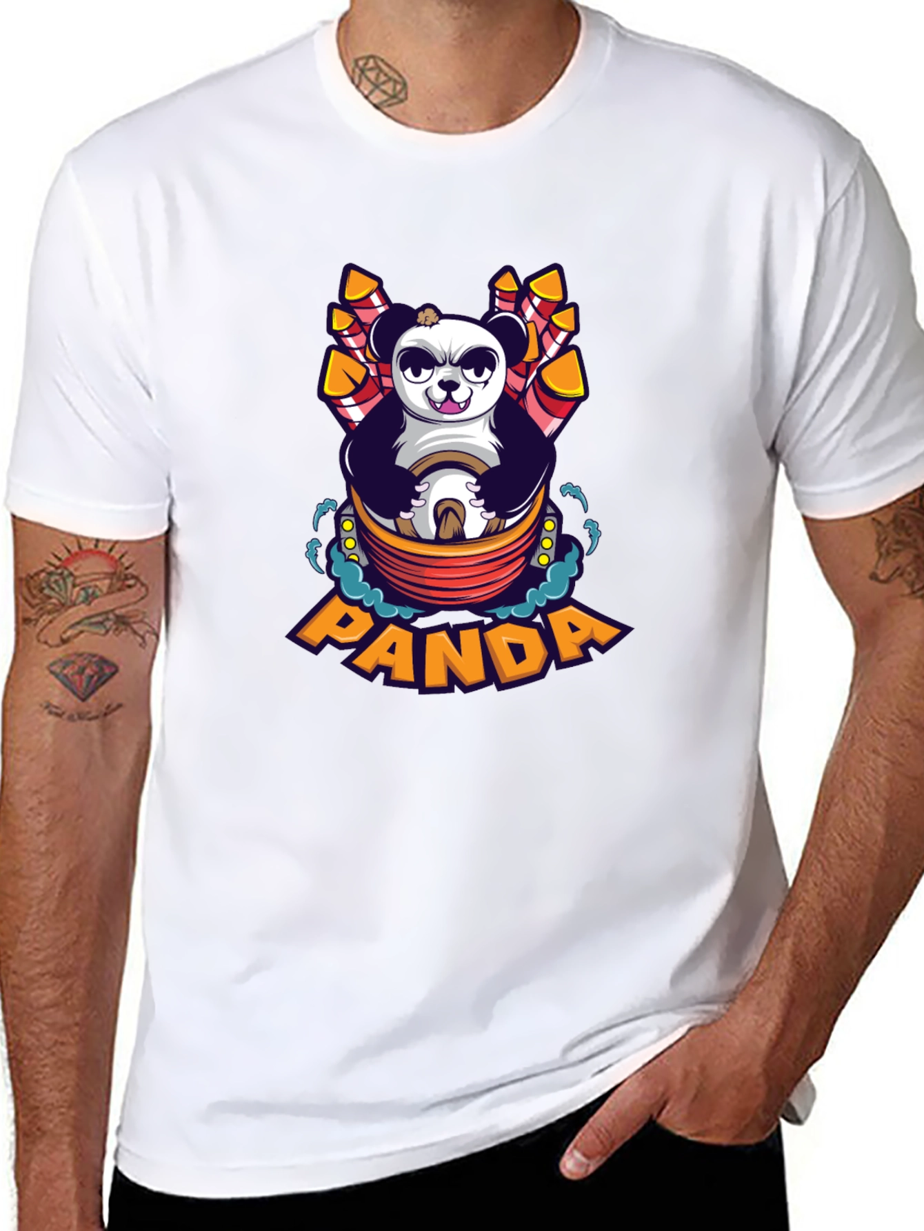 Cartoon Panda Fireworks Black T-Shirt