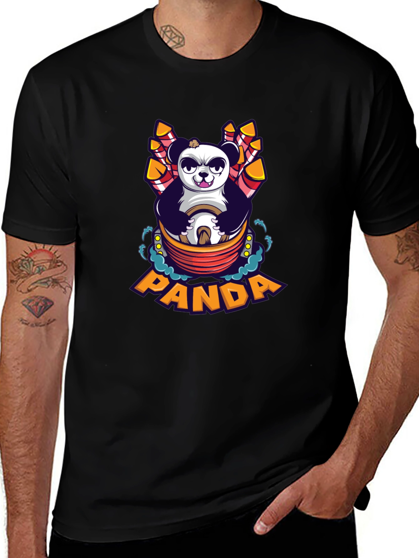 Cartoon Panda Fireworks Black T-Shirt