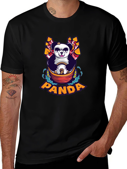Cartoon Panda Fireworks Black T-Shirt