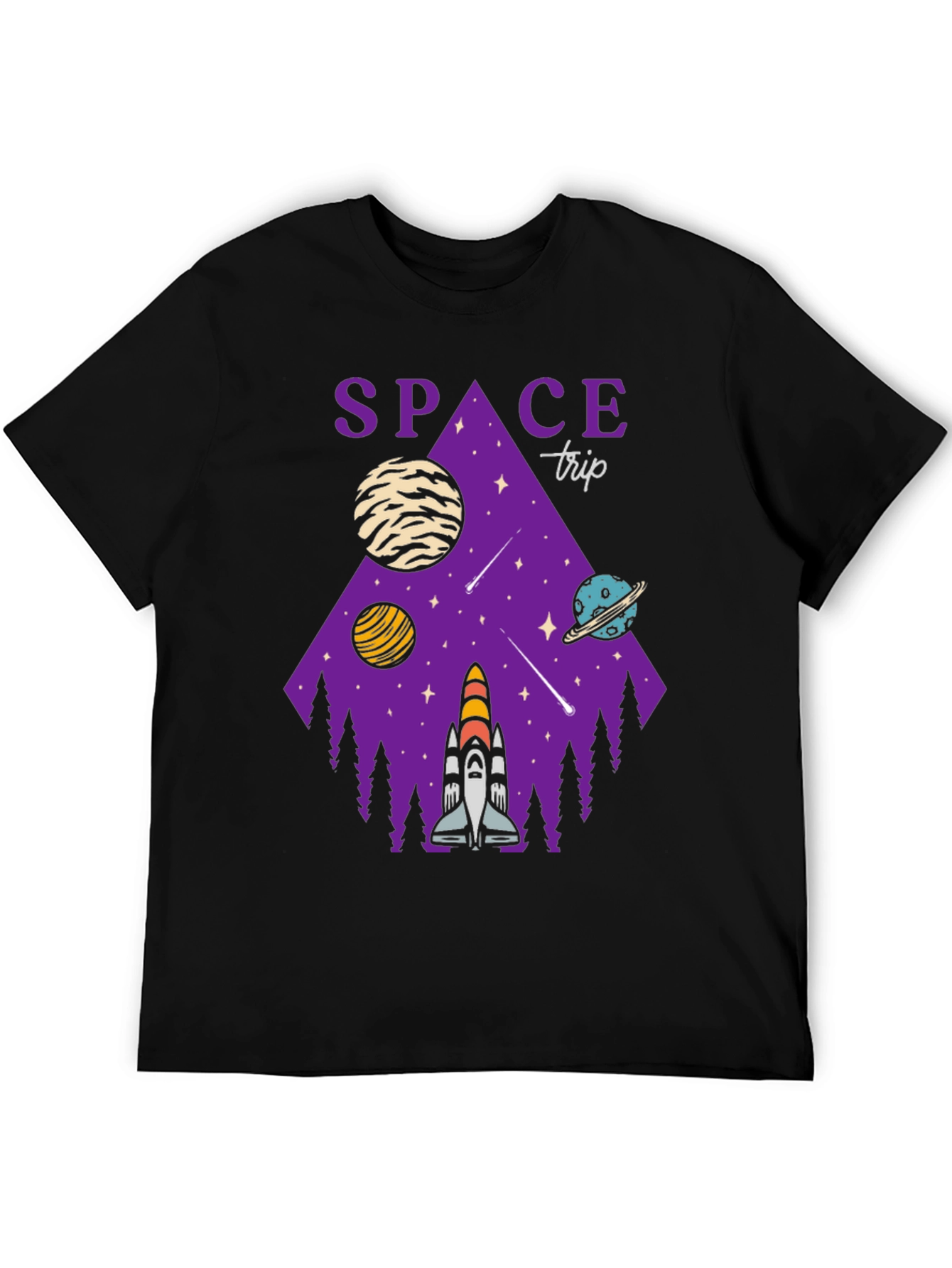 Space Trip Graphic T-Shirt Black Cotton Tee