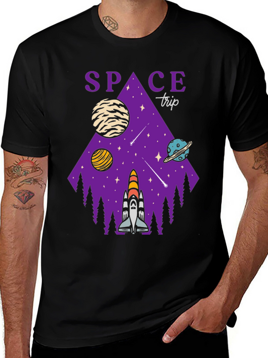 Space Trip Graphic T-Shirt Black Cotton Tee
