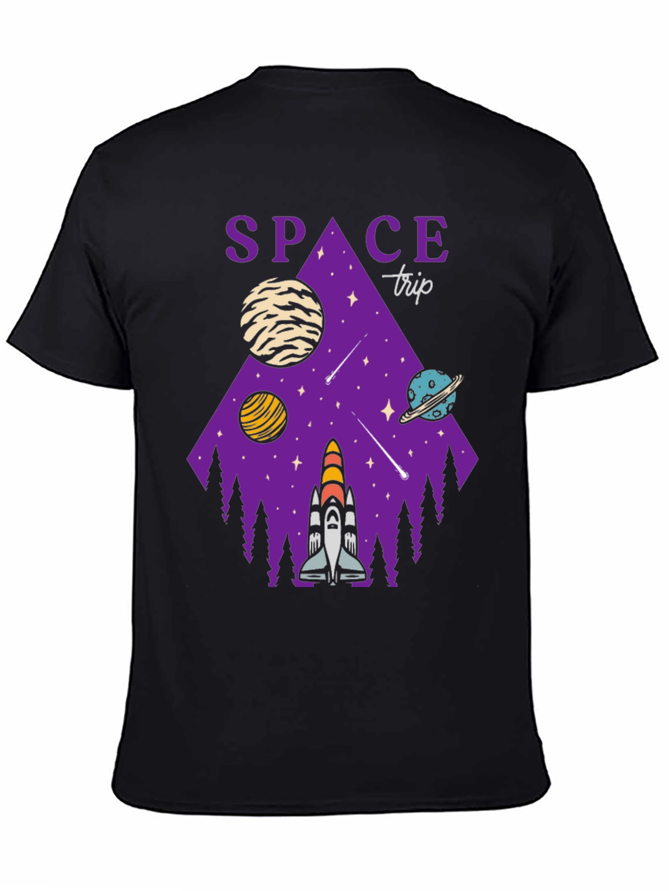 Space Trip Graphic T-Shirt Black Cotton Tee