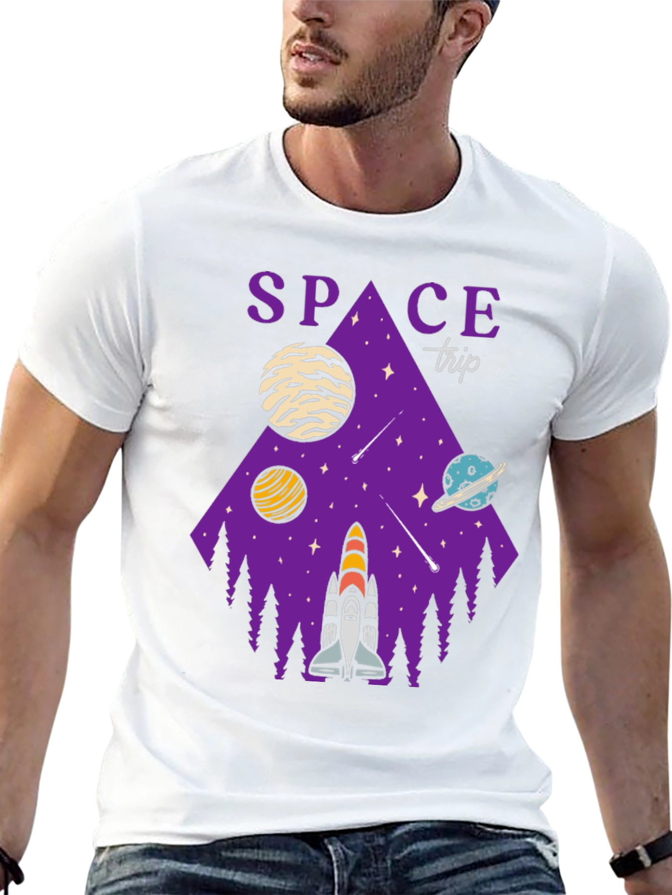 Space Trip Graphic T-Shirt Black Cotton Tee