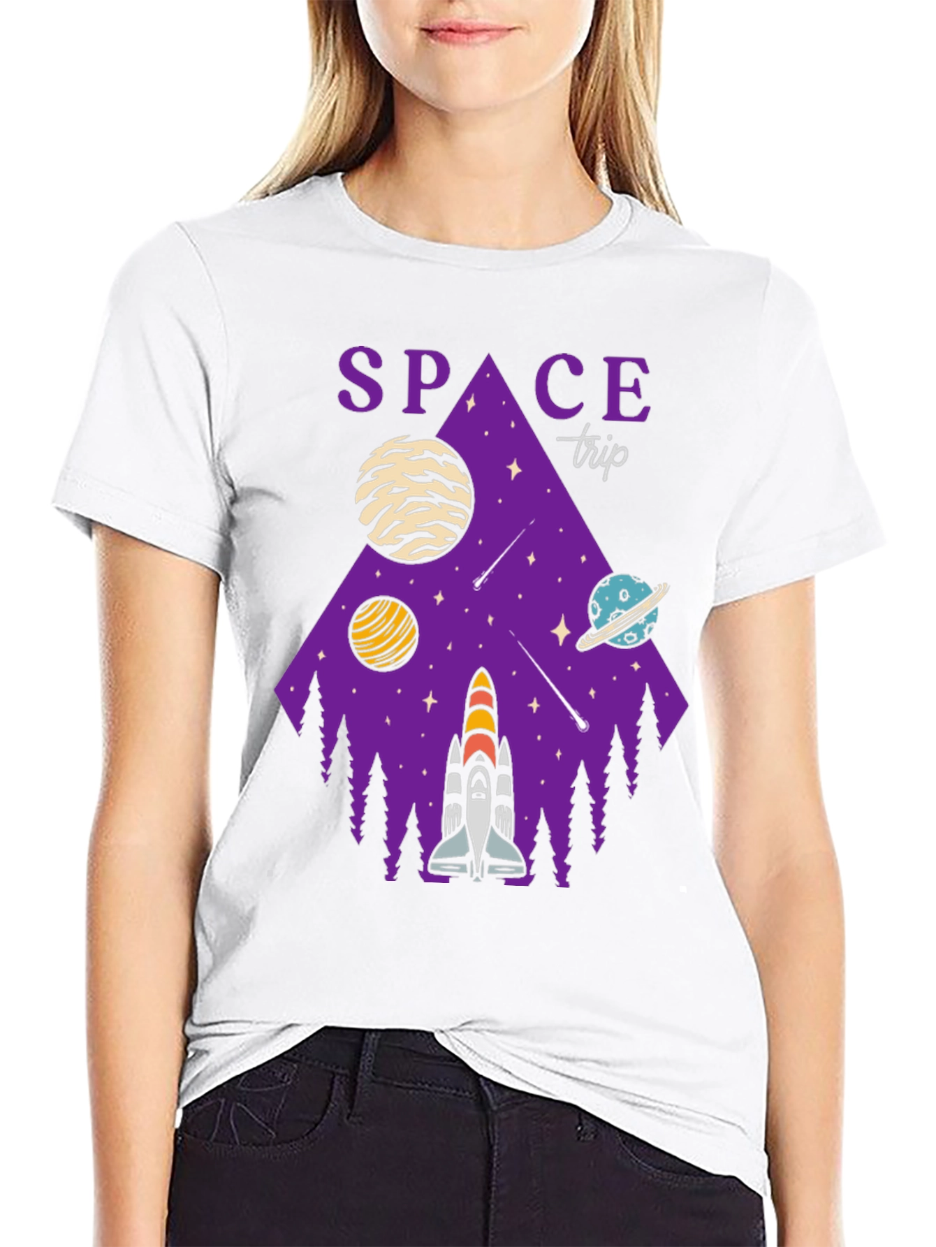 Space Trip Graphic T-Shirt Black Cotton Tee