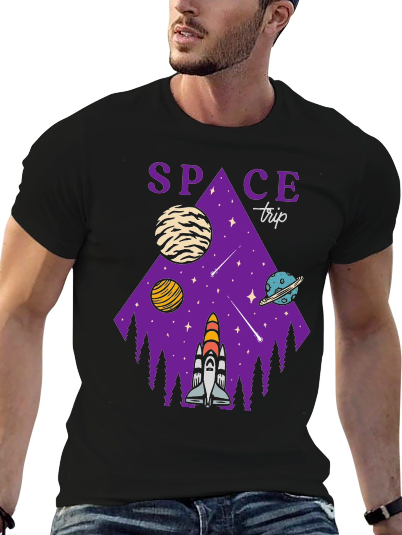 Space Trip Graphic T-Shirt Black Cotton Tee