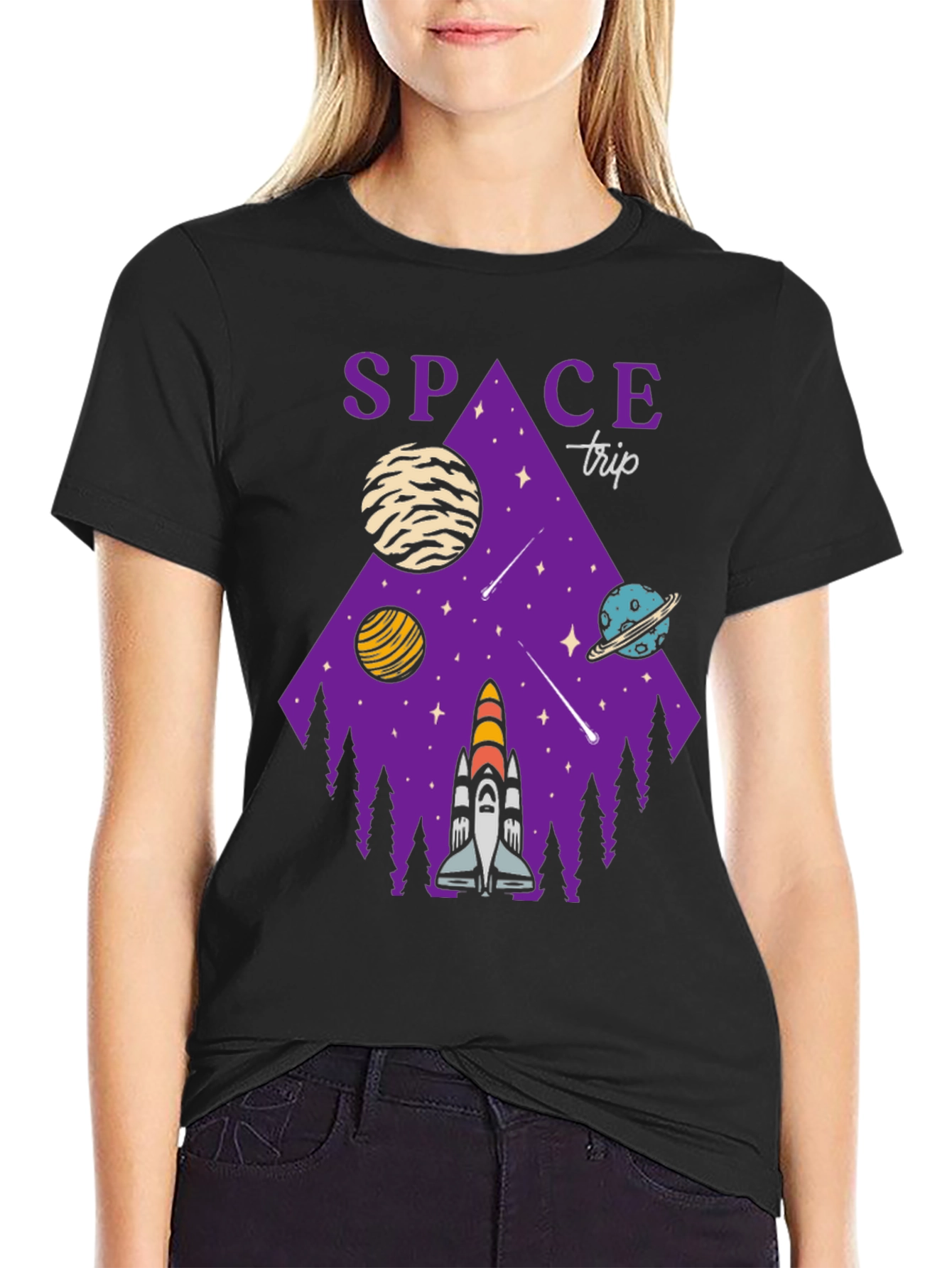 Space Trip Graphic T-Shirt Black Cotton Tee