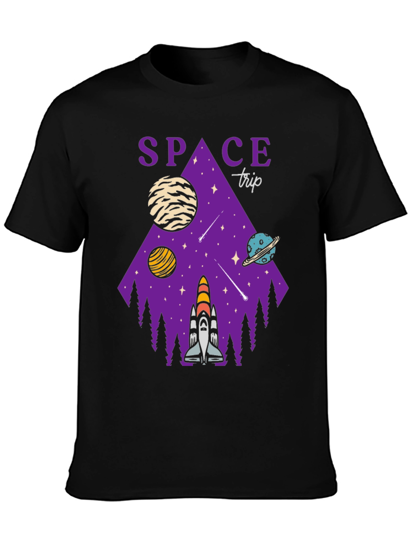 Space Trip Graphic T-Shirt Black Cotton Tee