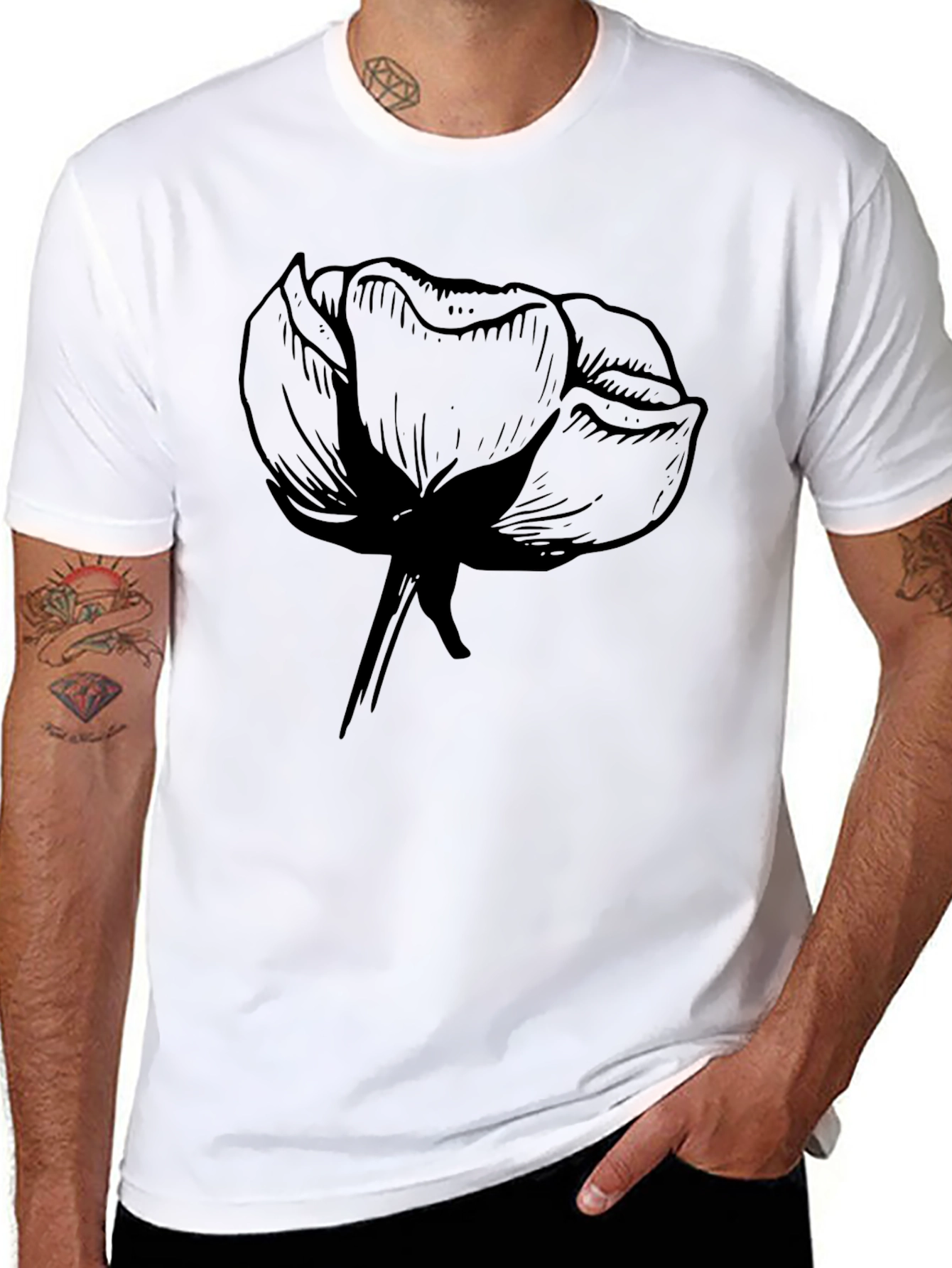 Mens Black Graphic Tee - Floral Design