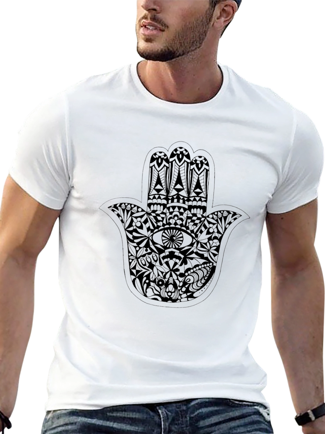 Mens Black T-Shirt with Hamsa Hand Graphic
