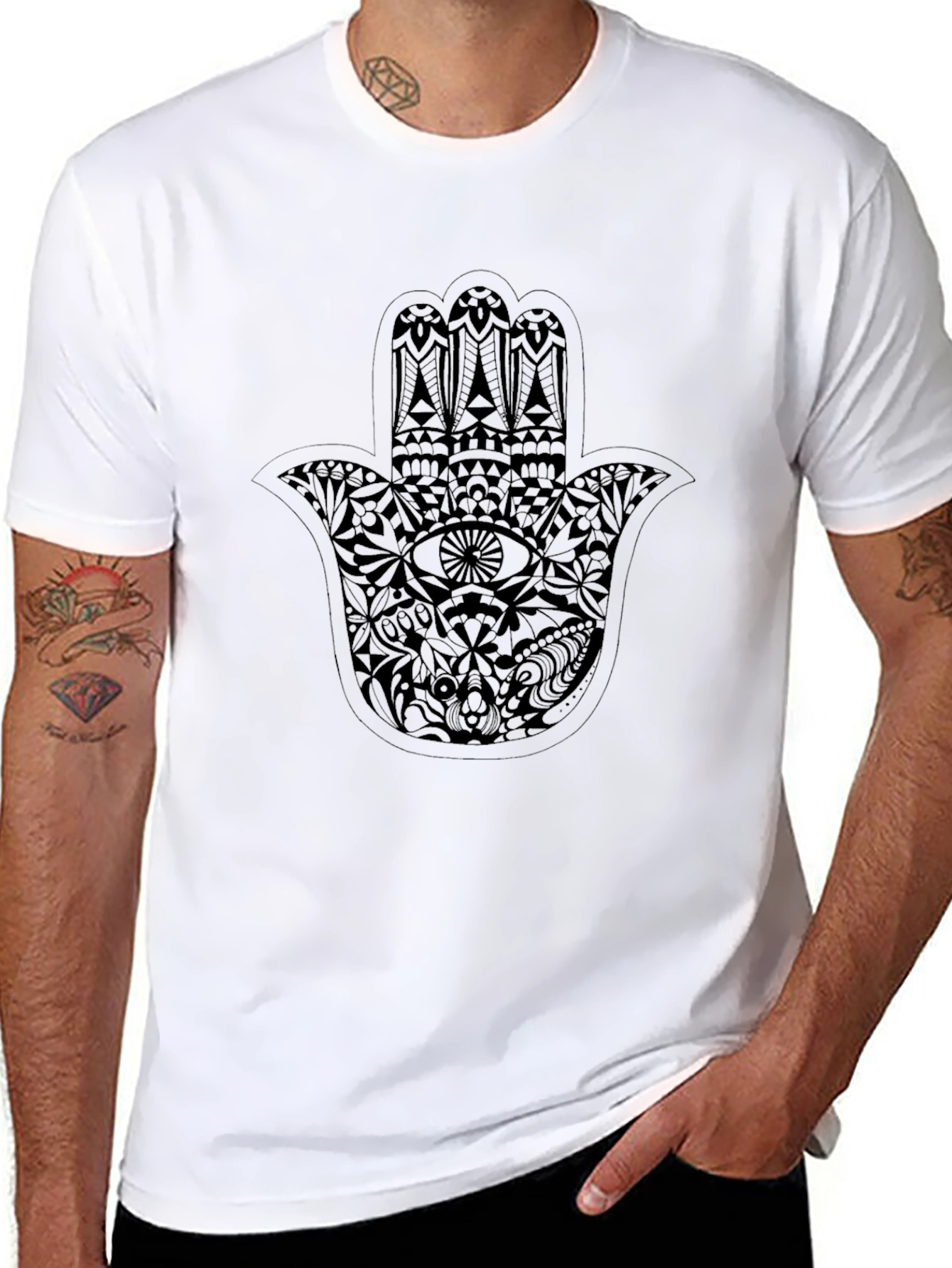Mens Black T-Shirt with Hamsa Hand Graphic