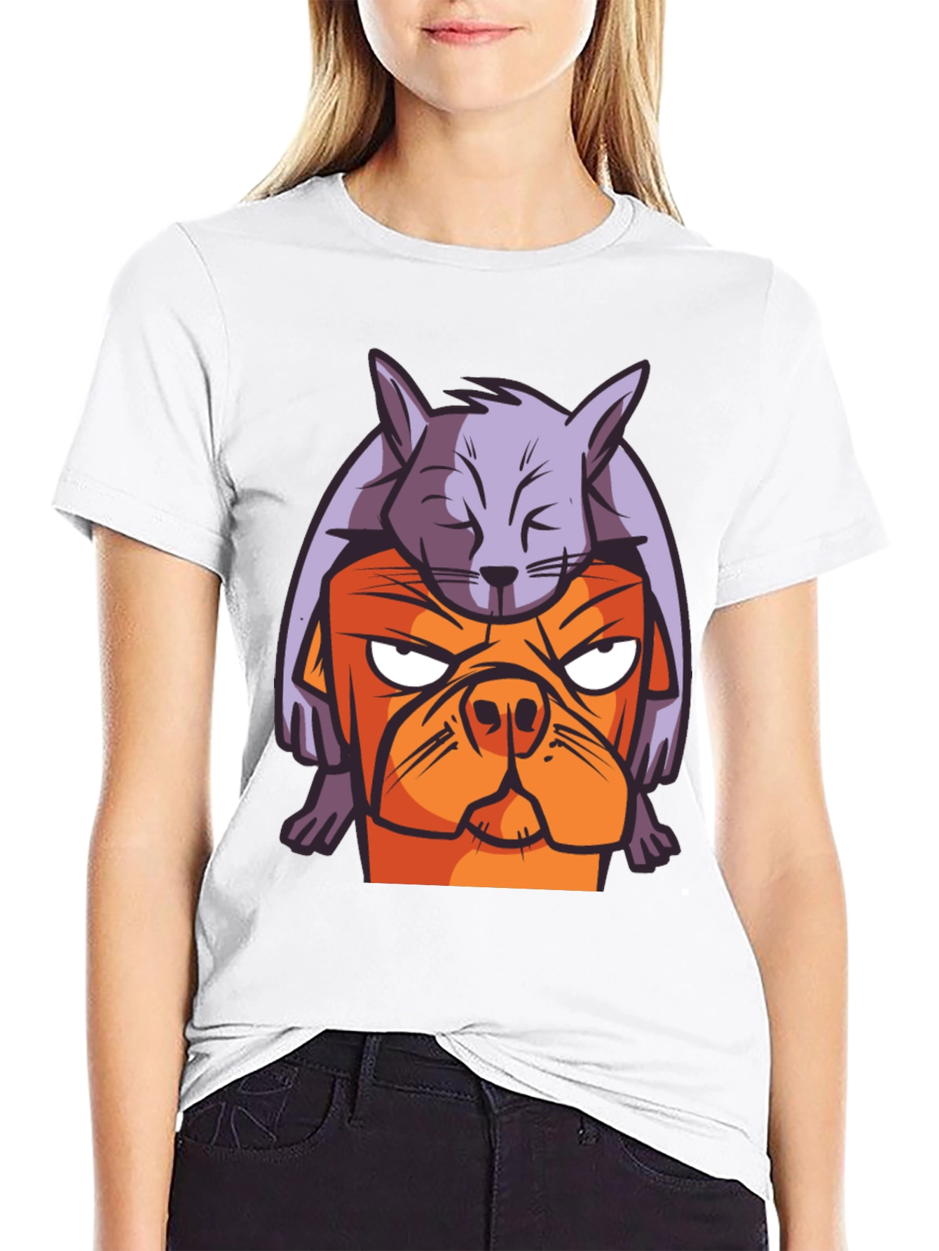 Dog & Cat Cartoon Graphic Black T-Shirt