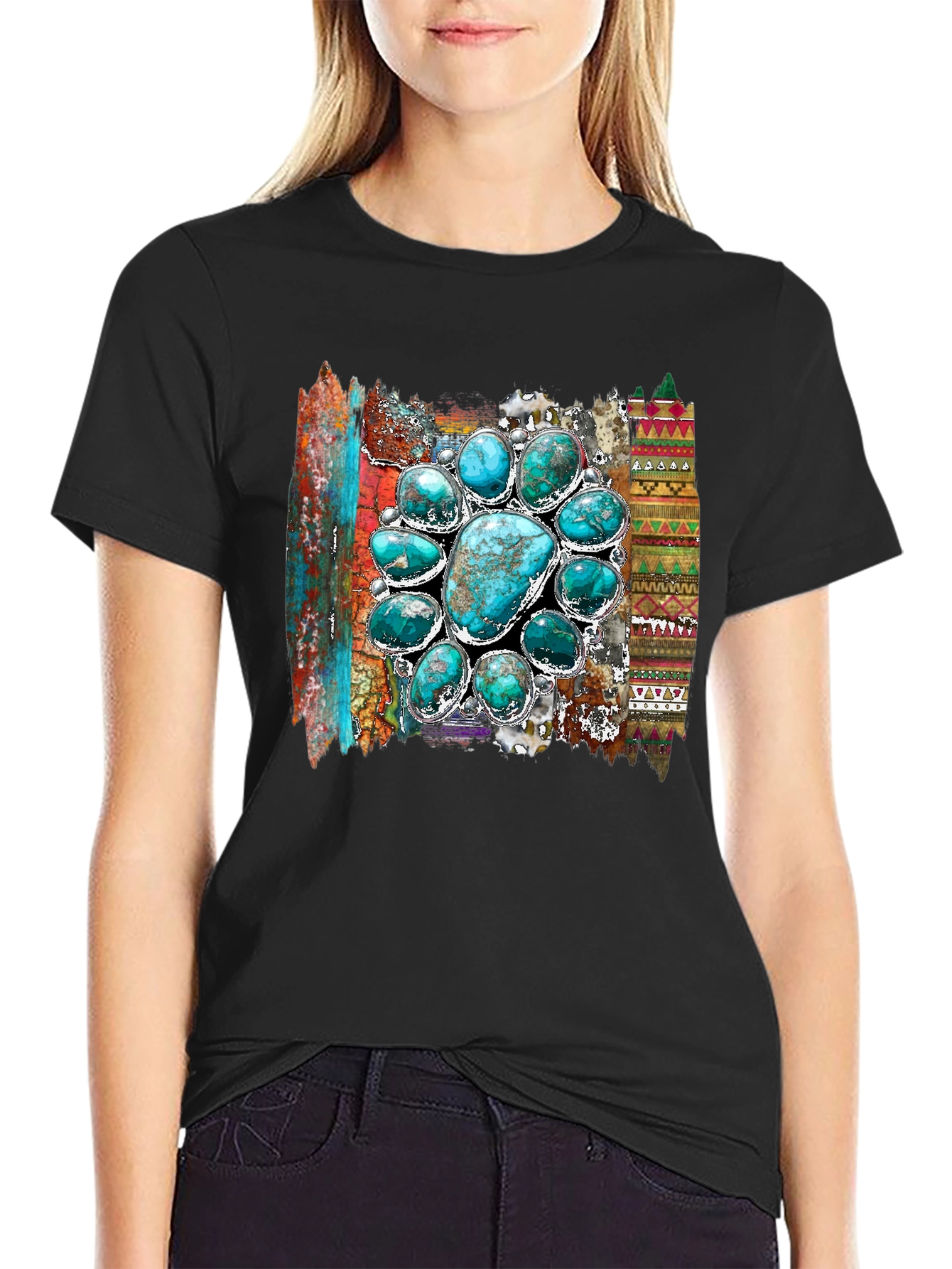 Turquoise Stone Design Mens Black T-Shirt