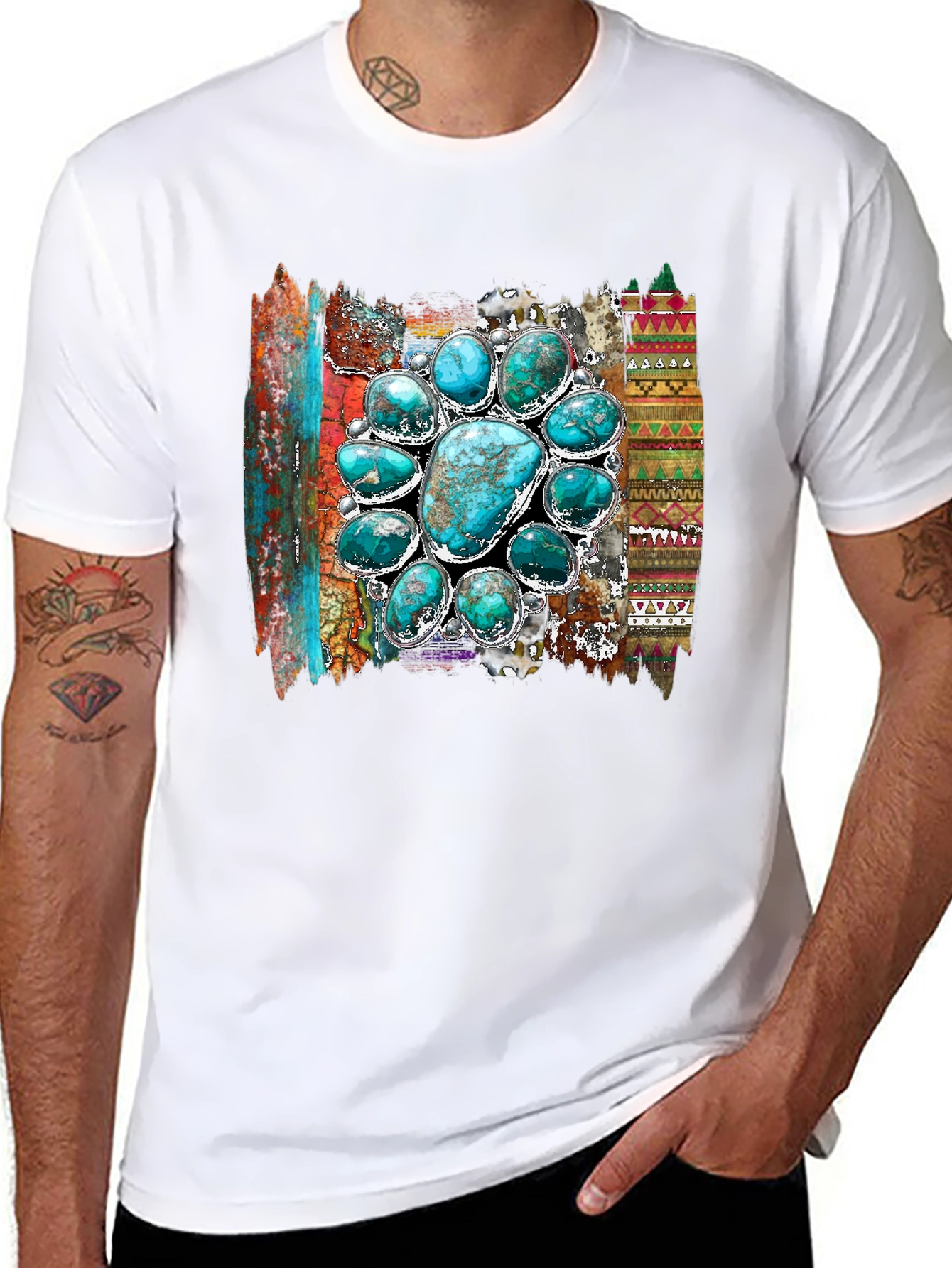 Turquoise Stone Design Mens Black T-Shirt