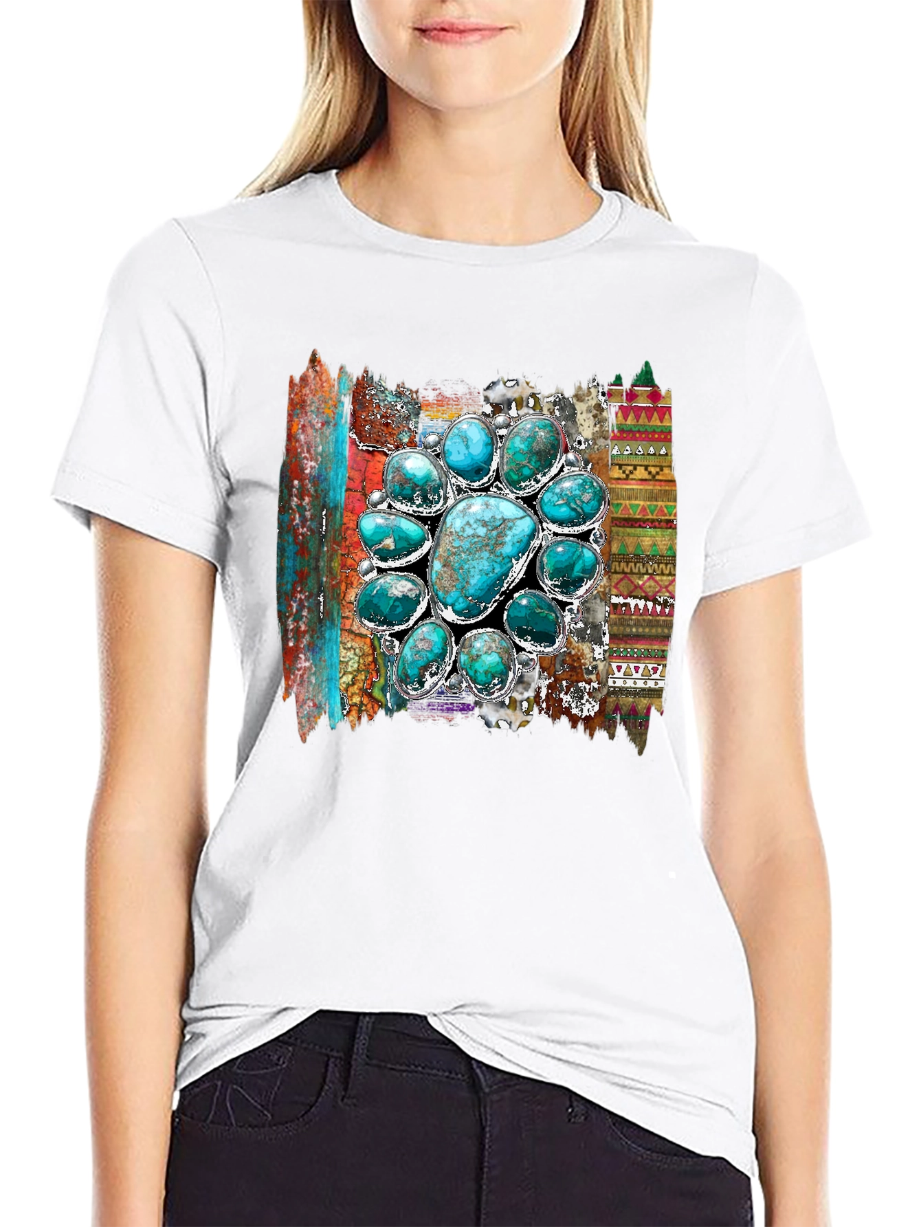 Turquoise Stone Design Mens Black T-Shirt