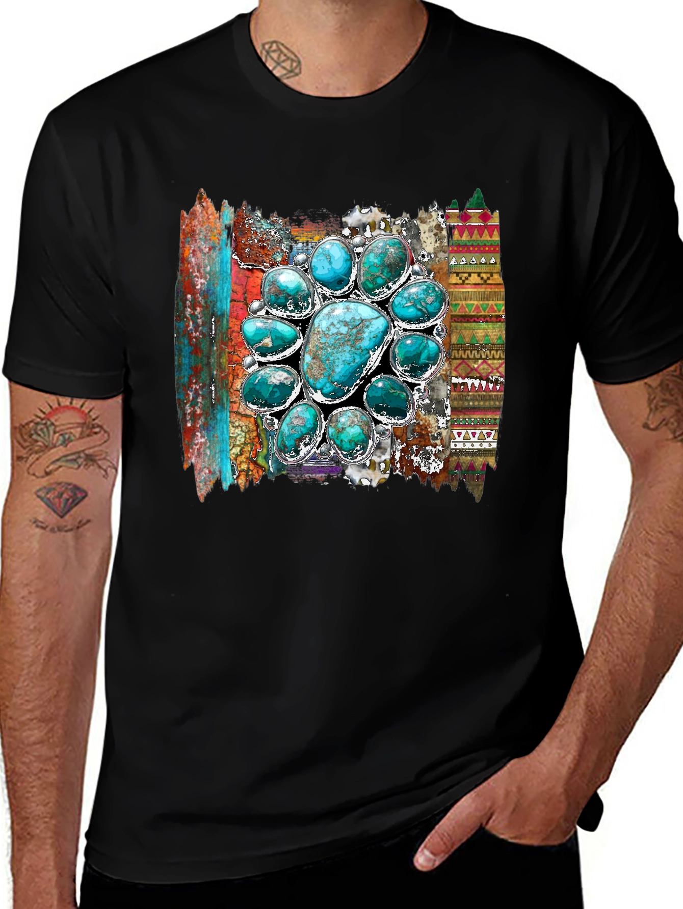 Turquoise Stone Design Mens Black T-Shirt