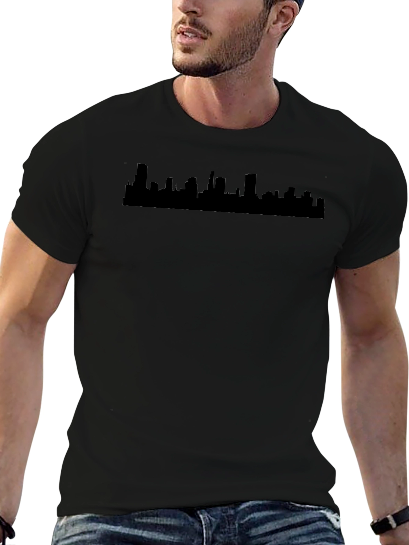 Cityscape Silhouette Graphic Tee - Black Cotton Blend