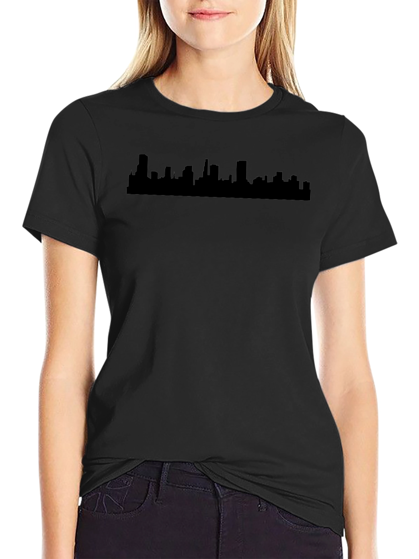Cityscape Silhouette Graphic Tee - Black Cotton Blend