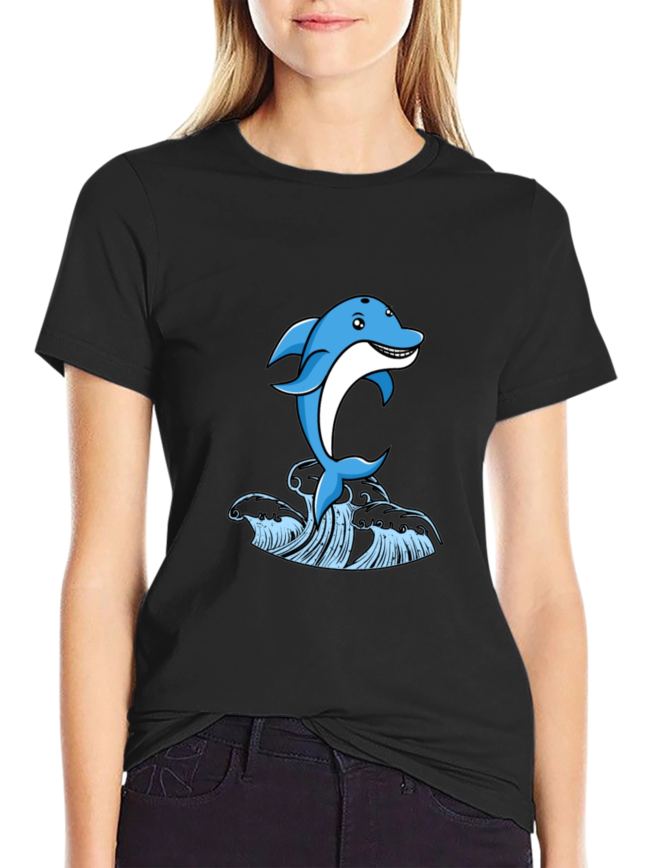 Blue Dolphin Graphic Print Black T-Shirt
