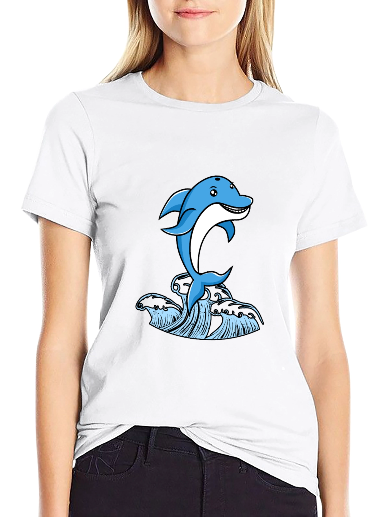 Blue Dolphin Graphic Print Black T-Shirt