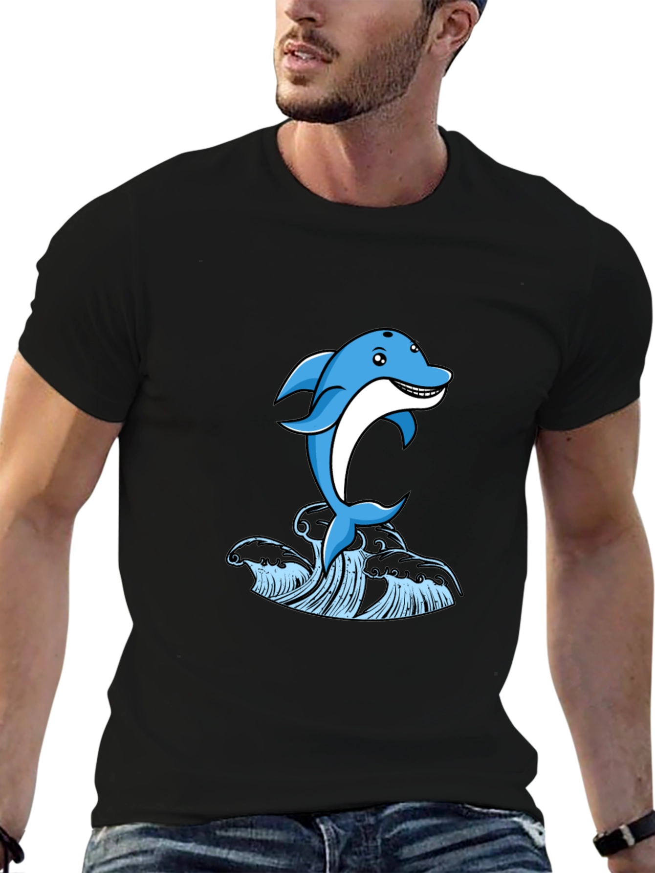 Blue Dolphin Graphic Print Black T-Shirt