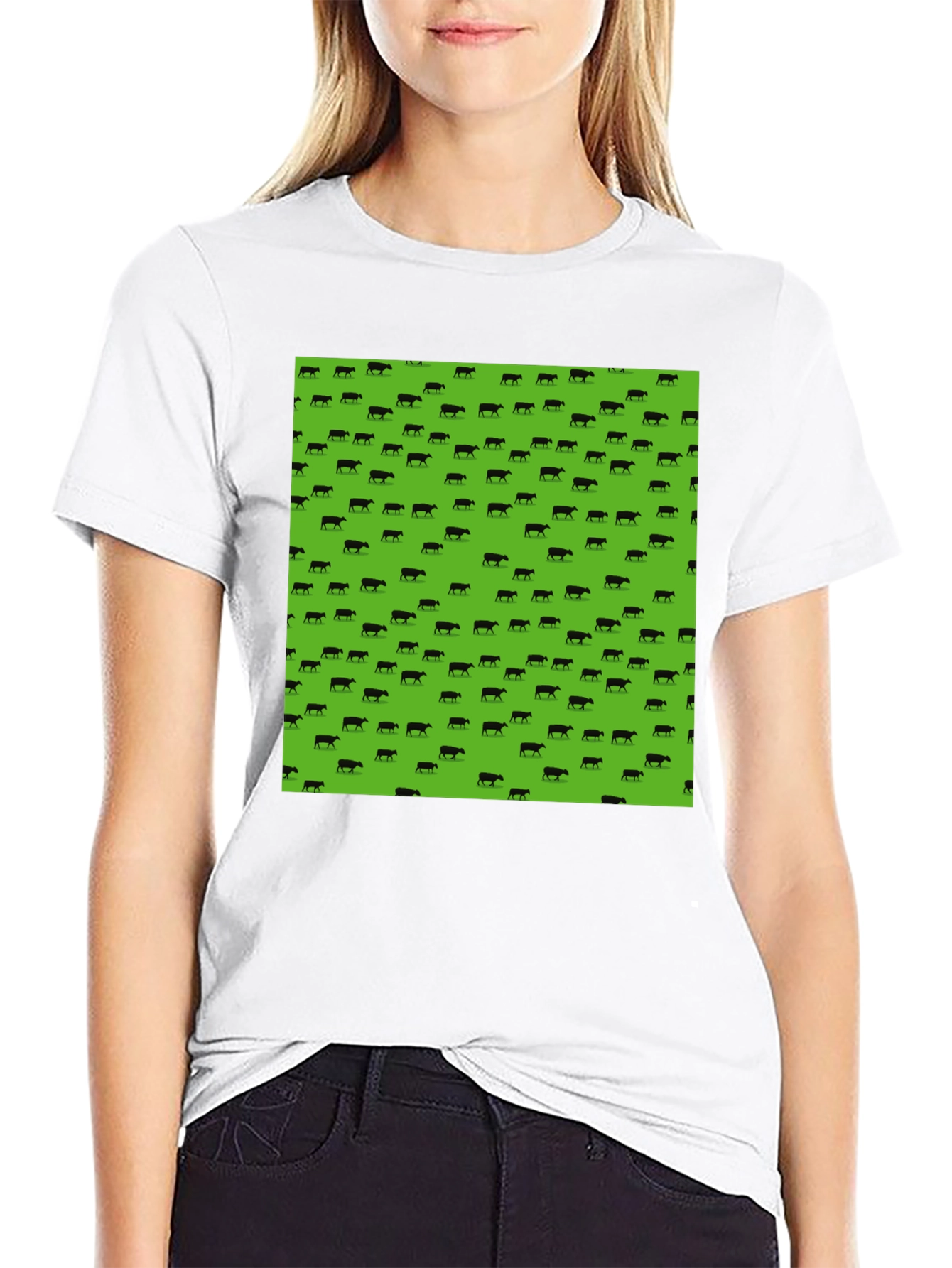Black Tee with Green Cow Print