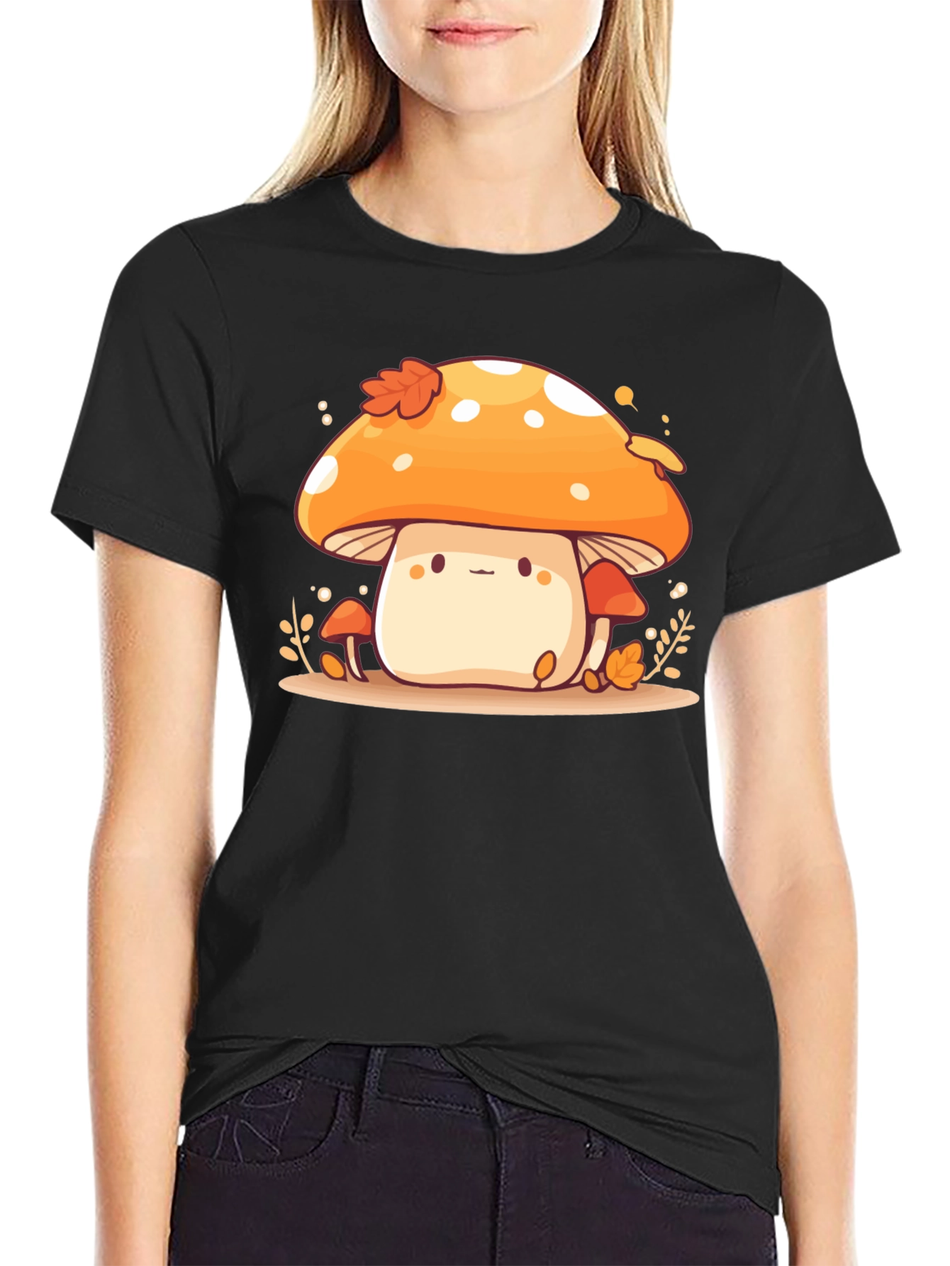 Cute Mushroom Graphic Tee - Black Cotton Blend T-Shirt