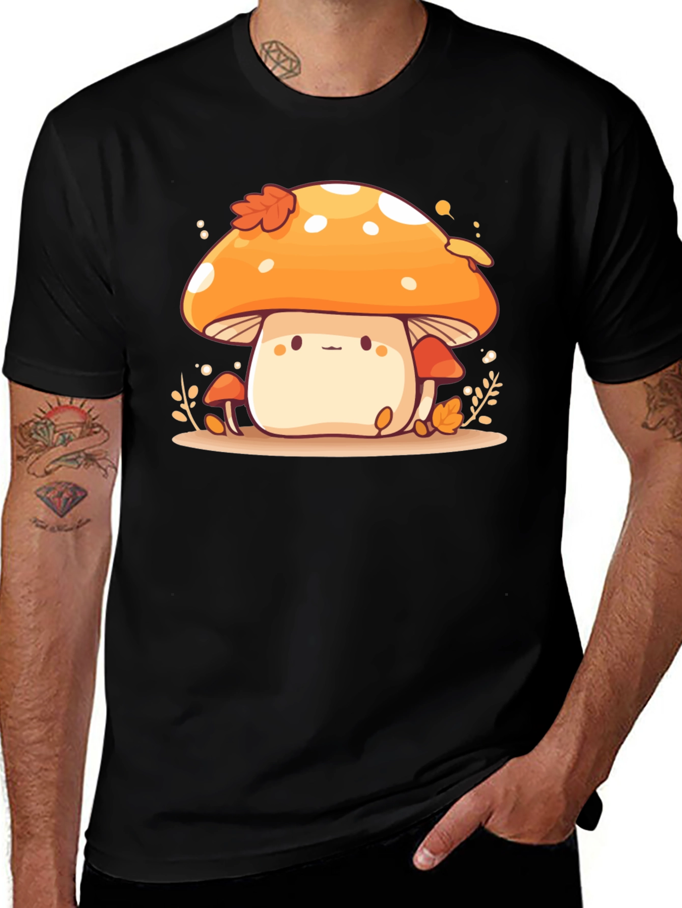 Cute Mushroom Graphic Tee - Black Cotton Blend T-Shirt