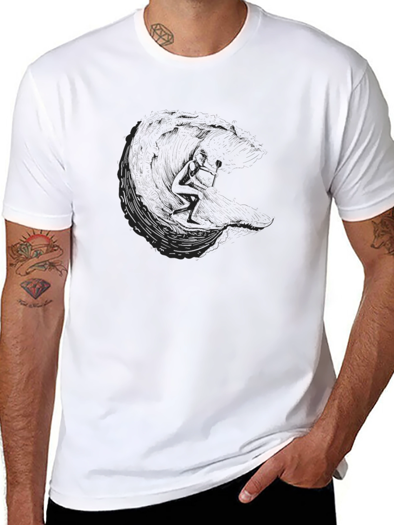 Mens Black T-Shirt with Surfer Graphic