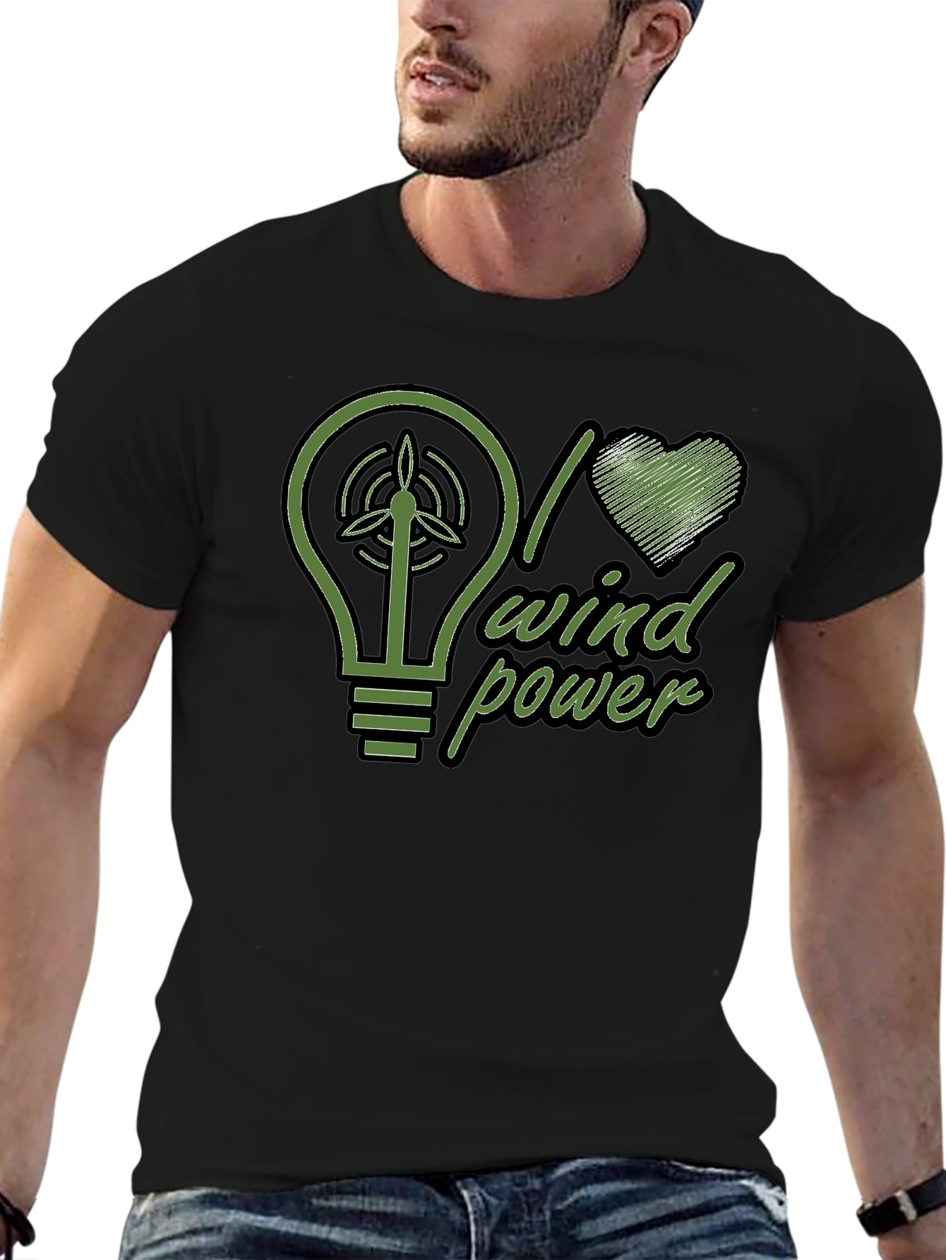 I Love Wind Power Green Graphic Black T-Shirt
