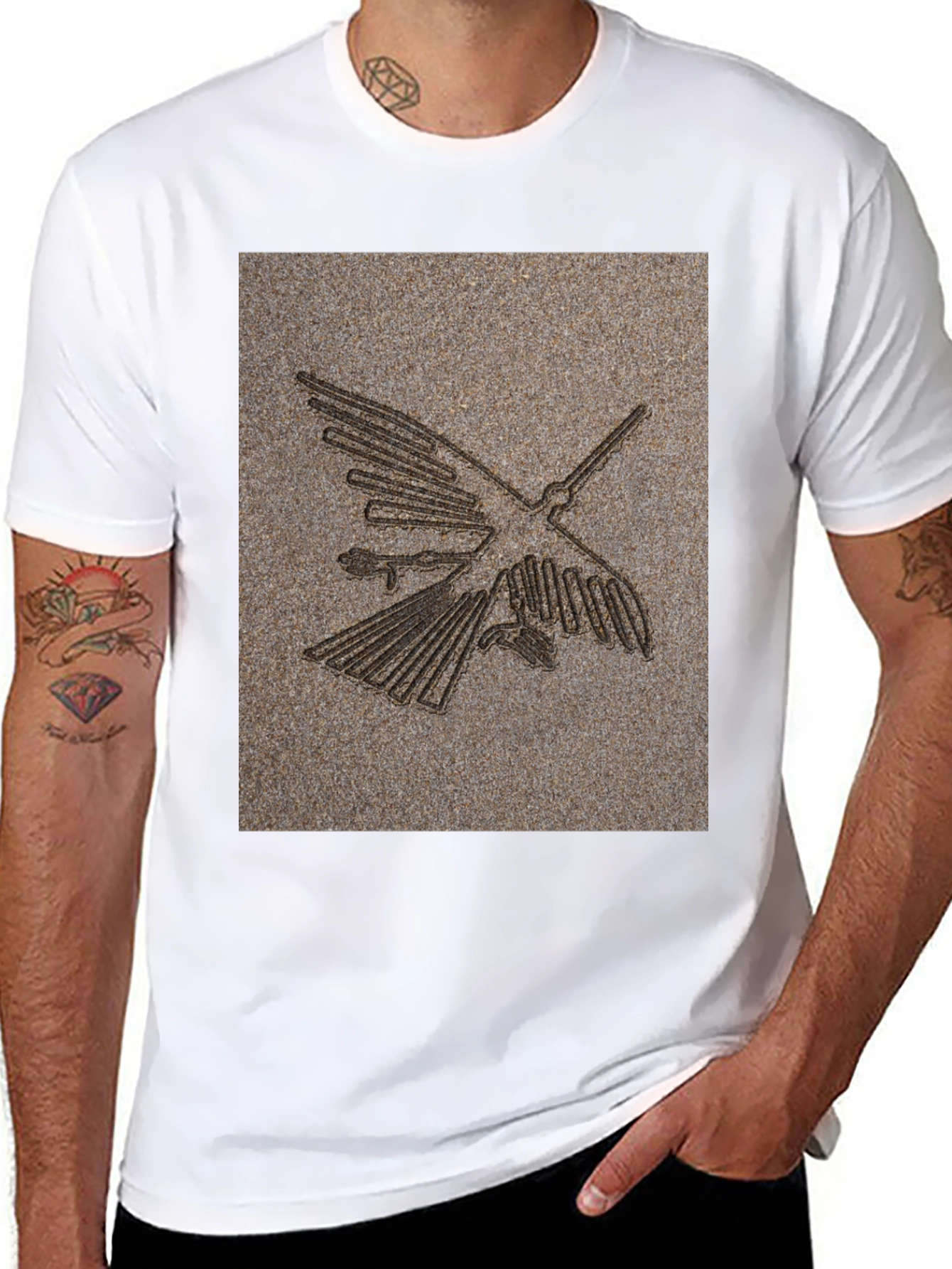 Nazca Lines Bird Graphic Tee - Black Cotton T-Shirt