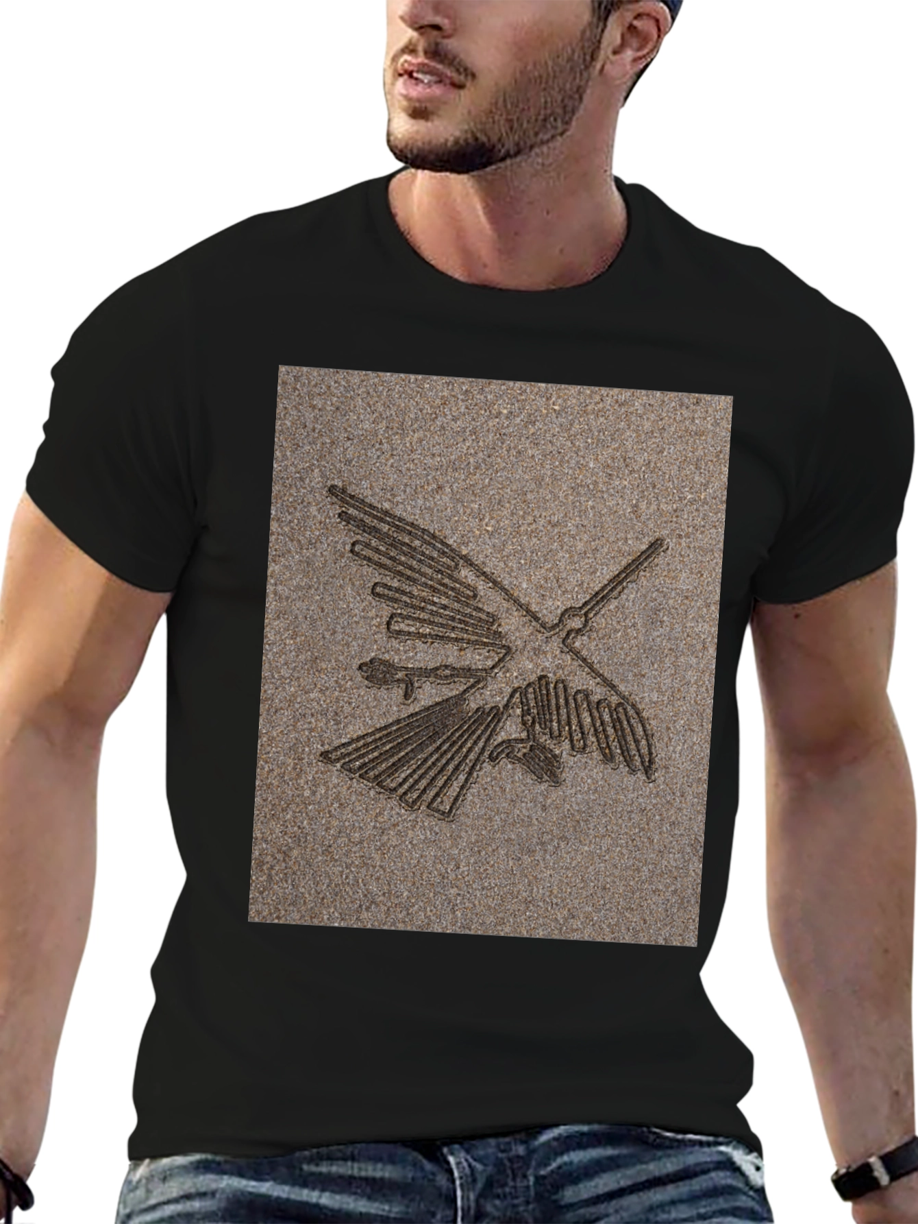 Nazca Lines Bird Graphic Tee - Black Cotton T-Shirt