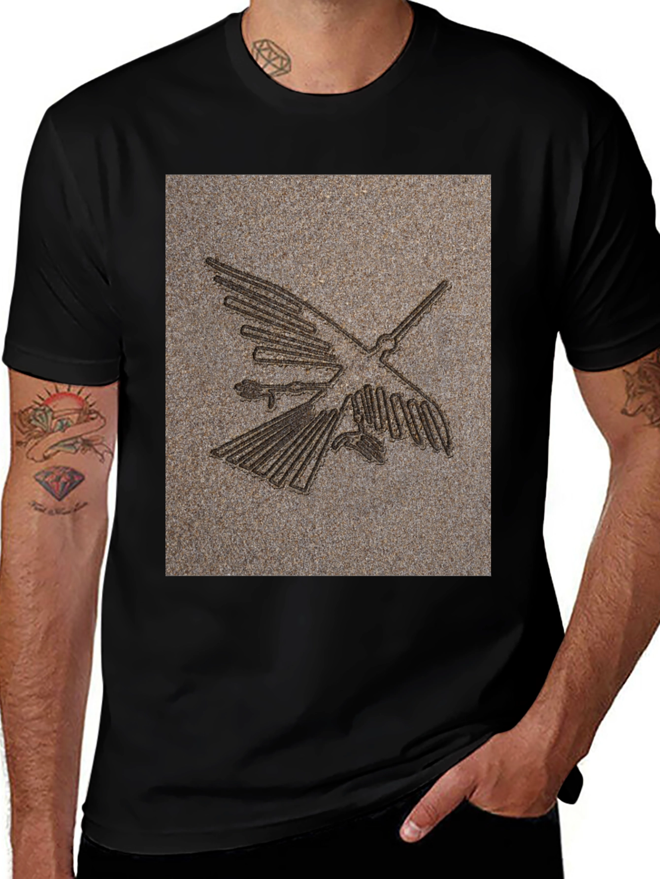 Nazca Lines Bird Graphic Tee - Black Cotton T-Shirt