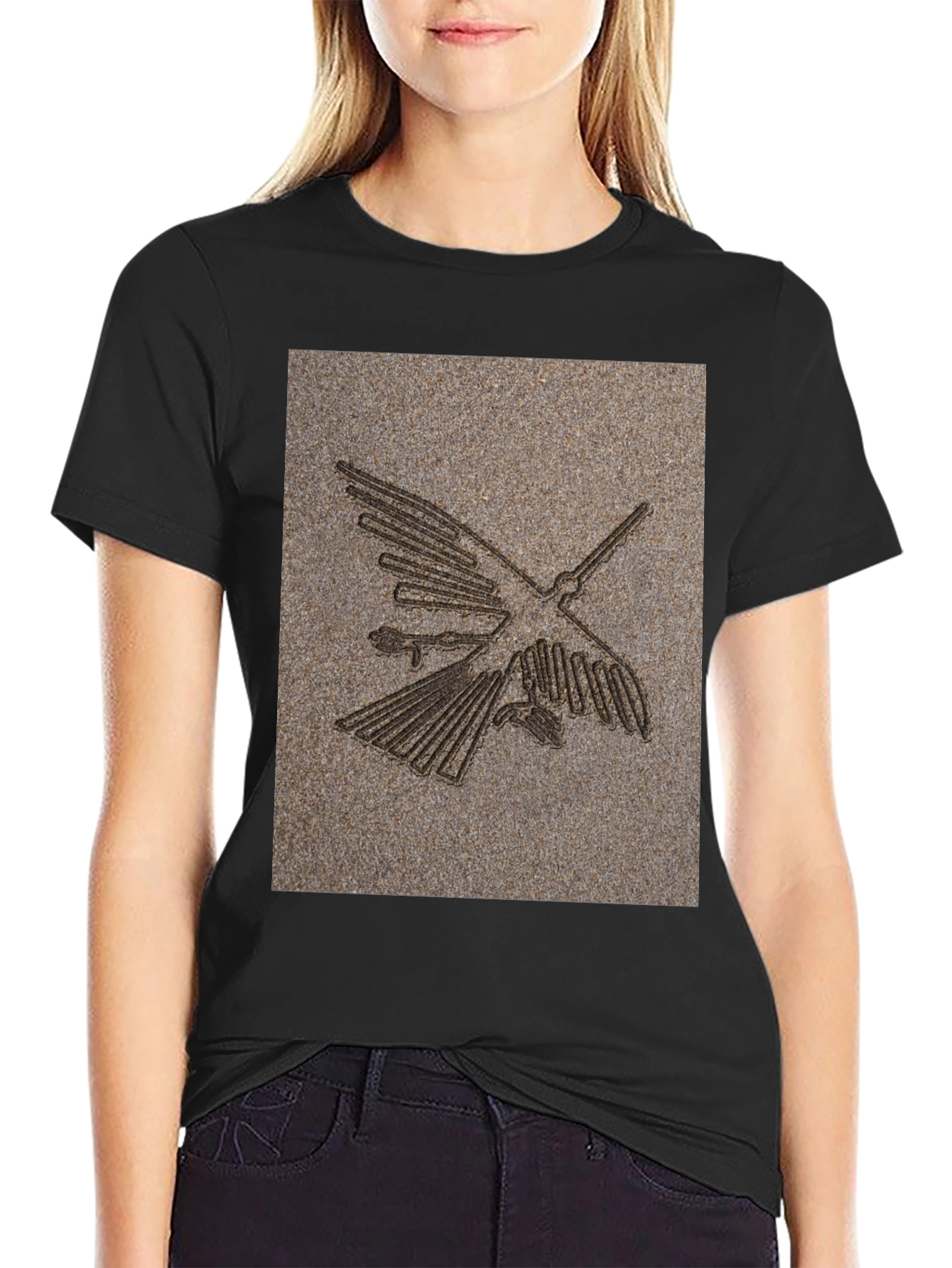 Nazca Lines Bird Graphic Tee - Black Cotton T-Shirt