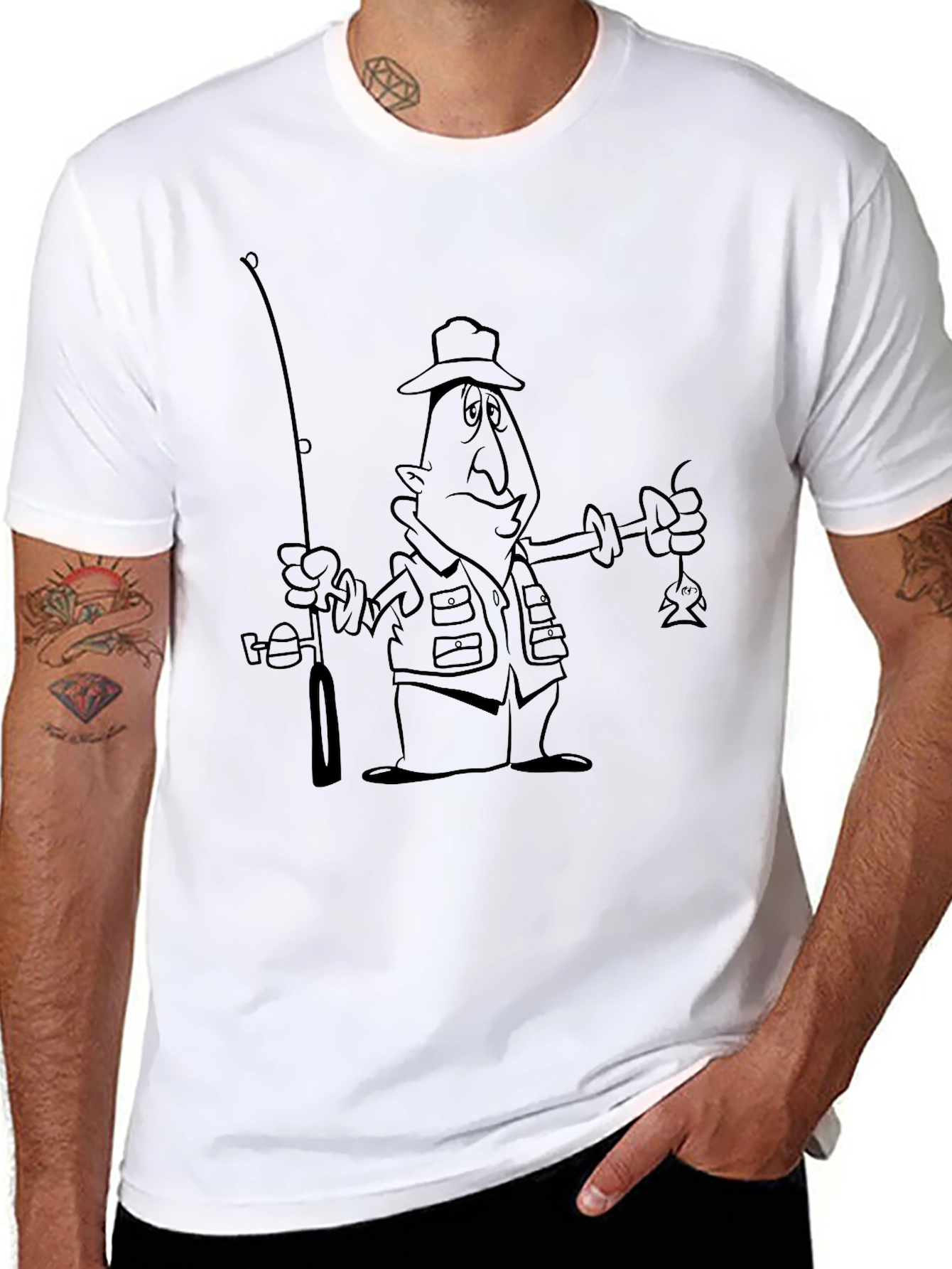 Cartoon Fisherman Black T-Shirt