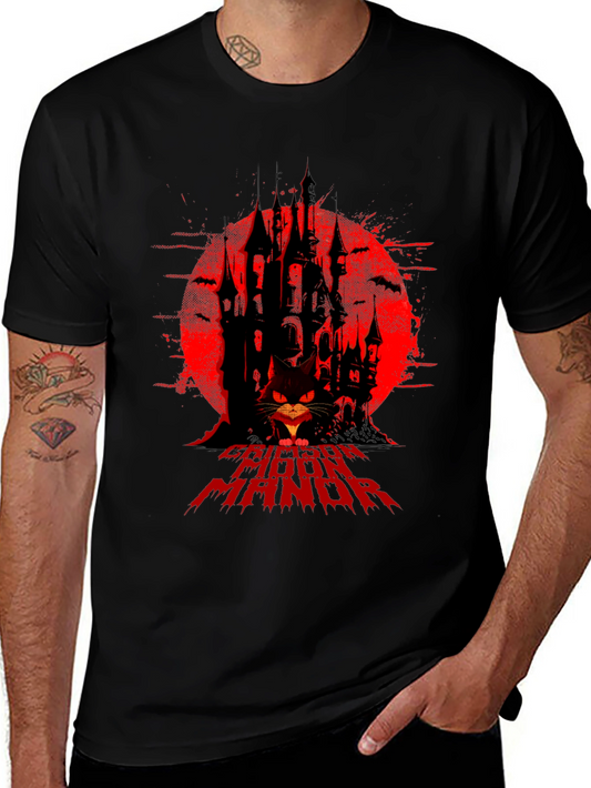 Crimson Manor Graphic Tee - Gothic Castle & Cat Design